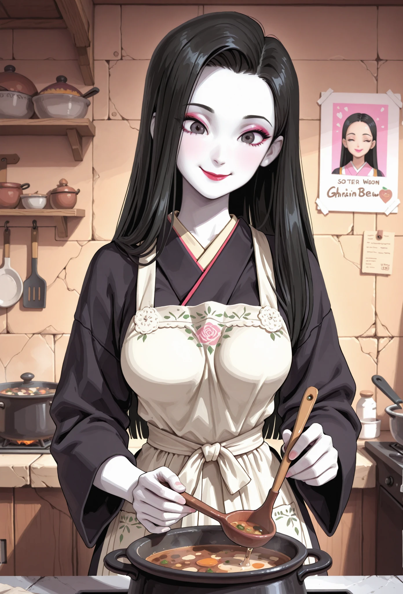 (masterpiece, best quality:1.2), kimetsu no yaiba style, kamado nezuko, (1girl, solo), 20years old, upper body, (pink kimono, open chest), (red demon horns, red eyes), smile, wooden table, (soup plate, skull floating in Tomato soup, meatballs), holding wooden spoon, Japanese old style room background