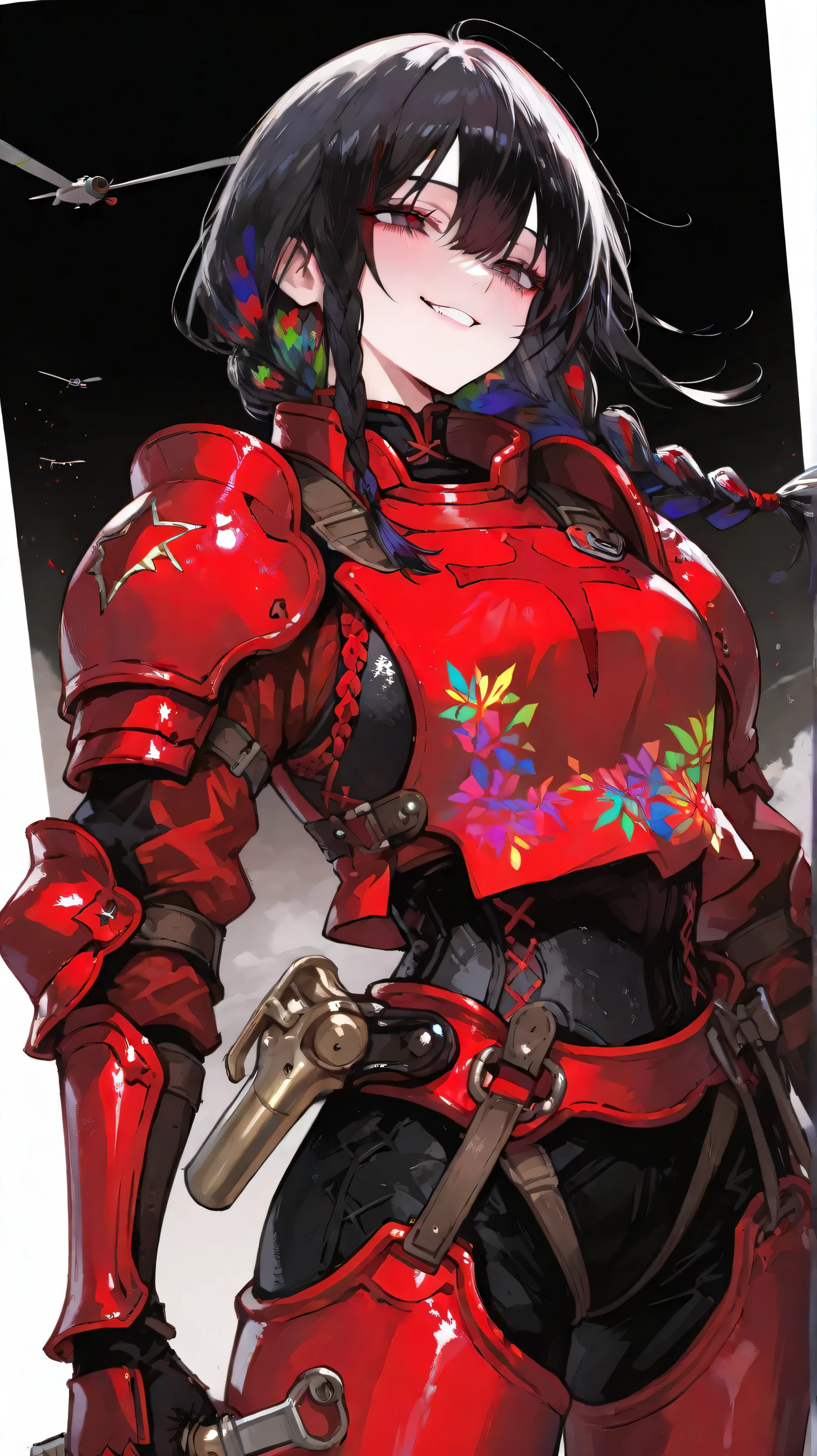 1 girl( black hair 、lots of ribbons、Braided hair 、)、standing as a model、red army shirt (Armor with colorful pattern)、Fearless smile、)、Masterpiece、top quality、flying in the air, control handle, cocky face, combat posture