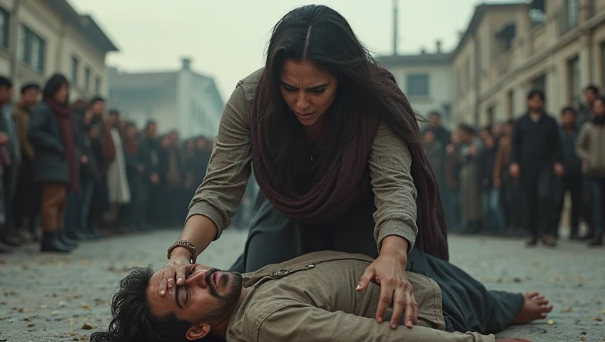 The woman raises a club and delivers a strong blow to her son's head and he falls exhausted at her feet.