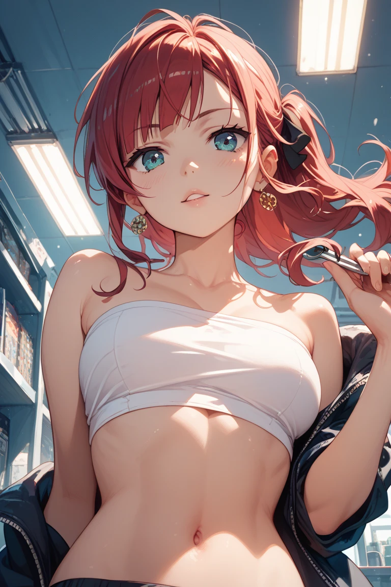 masterpiece, High resolution, highest quality, Nakano Future(From the Quintessential Quintuplet), Sexy pose, Redhead, Fascinating, blush, Vibrant colors, 4K, 8k, ((green sport bra)) ((white short shorts)) 