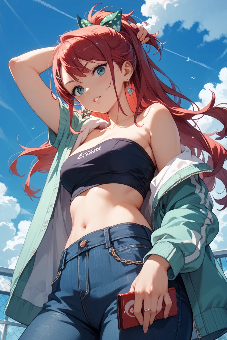 1girls, wears white sportswear, wears blue short jeans, Perfekter Bauch, schlank, red haire