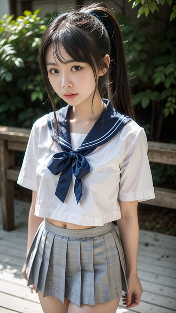 quality,写真のquality,Ultra-high resolution,Professional Lighting,,Beautiful actress,Thin face,Healthy Skin,Japanese,Black Hair,（Short bangs),Medium Hair,Cute hairstyle,(Japanese high school sailor suit:1.1),Small breasts,Natural Makeup,belly button,Short sleeve,Narrow waist,