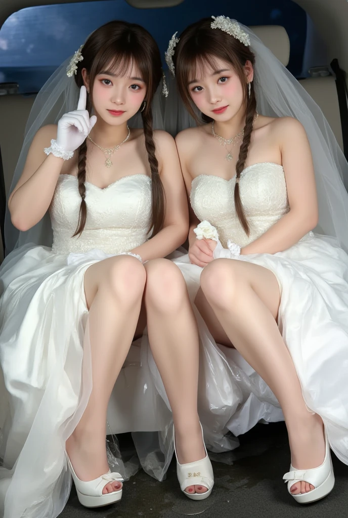 Inside a magnificent castle,Both have fair skin、A beautiful woman with white skin and long legs,big breasts thin waist,middlebreast,Bandeau white wedding dress,wearing a long, Gorgeous diamond-encrusted wedding dress,lace-trim,Wearing white wedding legs with lace stockings,Lovely face,At the wedding site,Anime CG