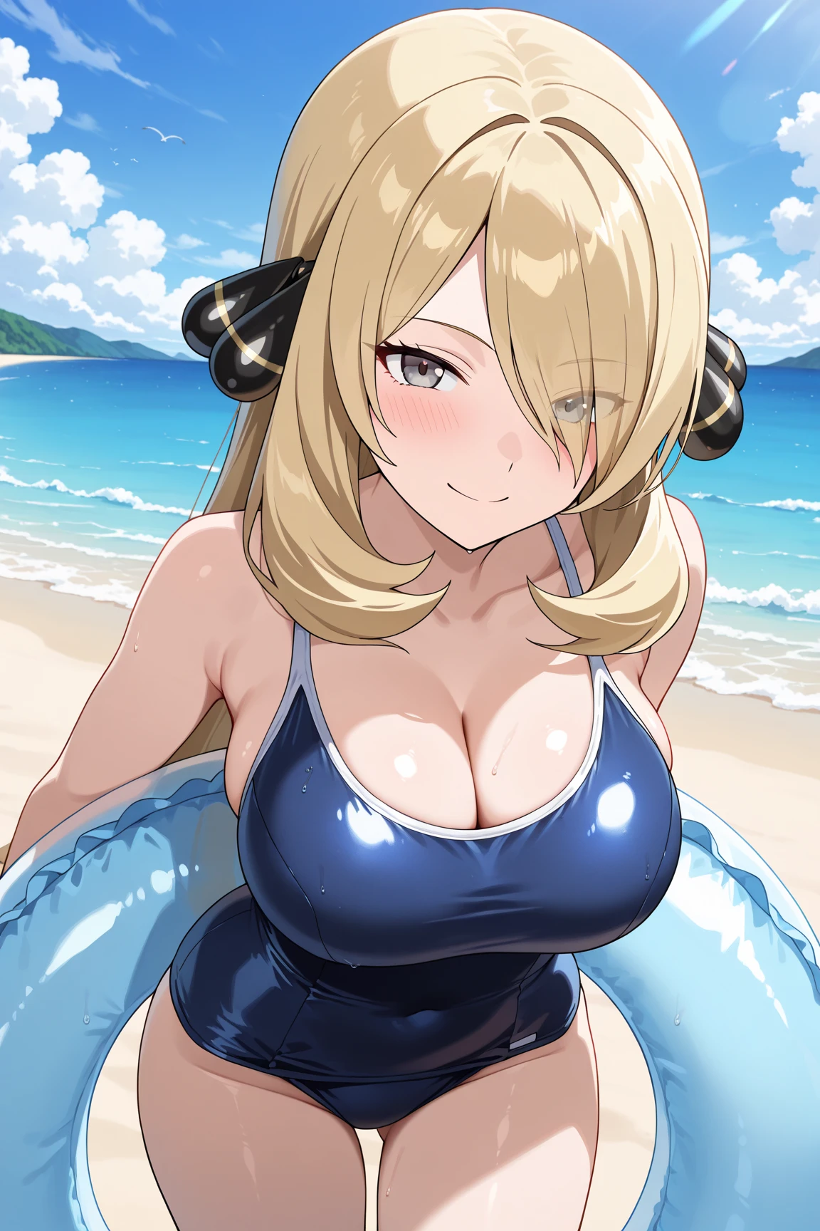 best quality, masterpiece, High resolution, alone, {Gene_Genshin:1.15}, blonde_hair, blue_Eye, Bangs, ponytail, long_hair, side lock, breast, hair_between_Eye, hair_bow, blush, big deal_breast, 1 woman, sleeveless, whole body,On the beach,clothing_bikini,High definition,Mature and sexy body