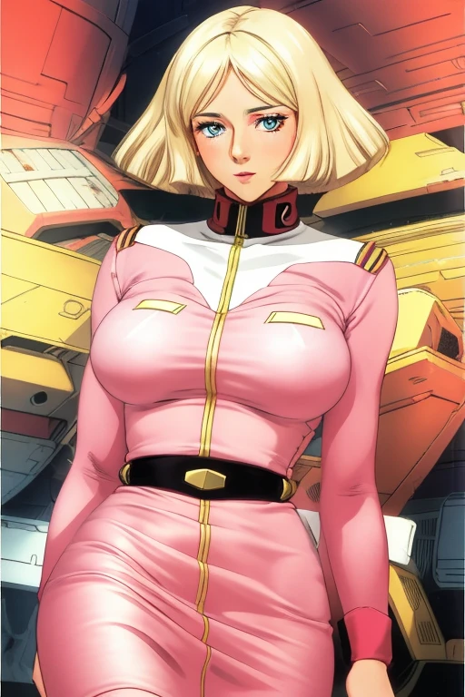 超realistic1人の女の子, Sayla Mass, elegant, table top, Complex, パンツが見えそうな超ミニskirtのアーミーピンクの制服ワンピース、超ミニskirt ミニスカではパンツが見えます、white panties、Her uniform is about to burst from her large breasts.、realistic, highest quality, With White Base and Mobile Suit Gundam in the background、absurd, high facial detail, perfect eyes, 18-year-old, cowboy shot, realization、, Bright colors, pink uniform, skirt