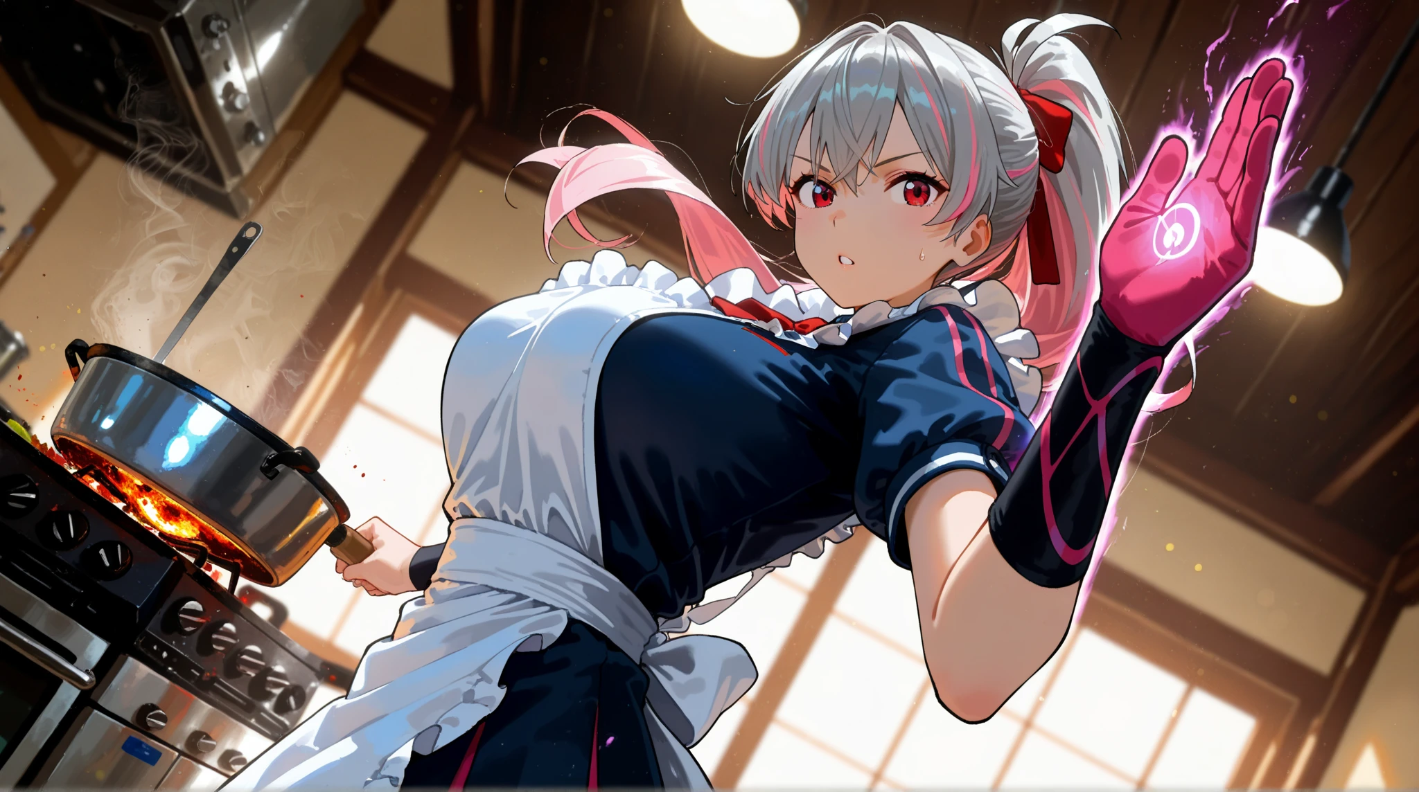 high quality,Mature beauty,White straight hair,Red Eyes,shy,blush,Wearing a maid outfit,Black stockings,High heel,Wearing boxing gloves,Cleavage,Large Breasts,Camel toe,Long legs,Thin waist,Vest line,Absolute Domain,Sexy pose,Cat ear