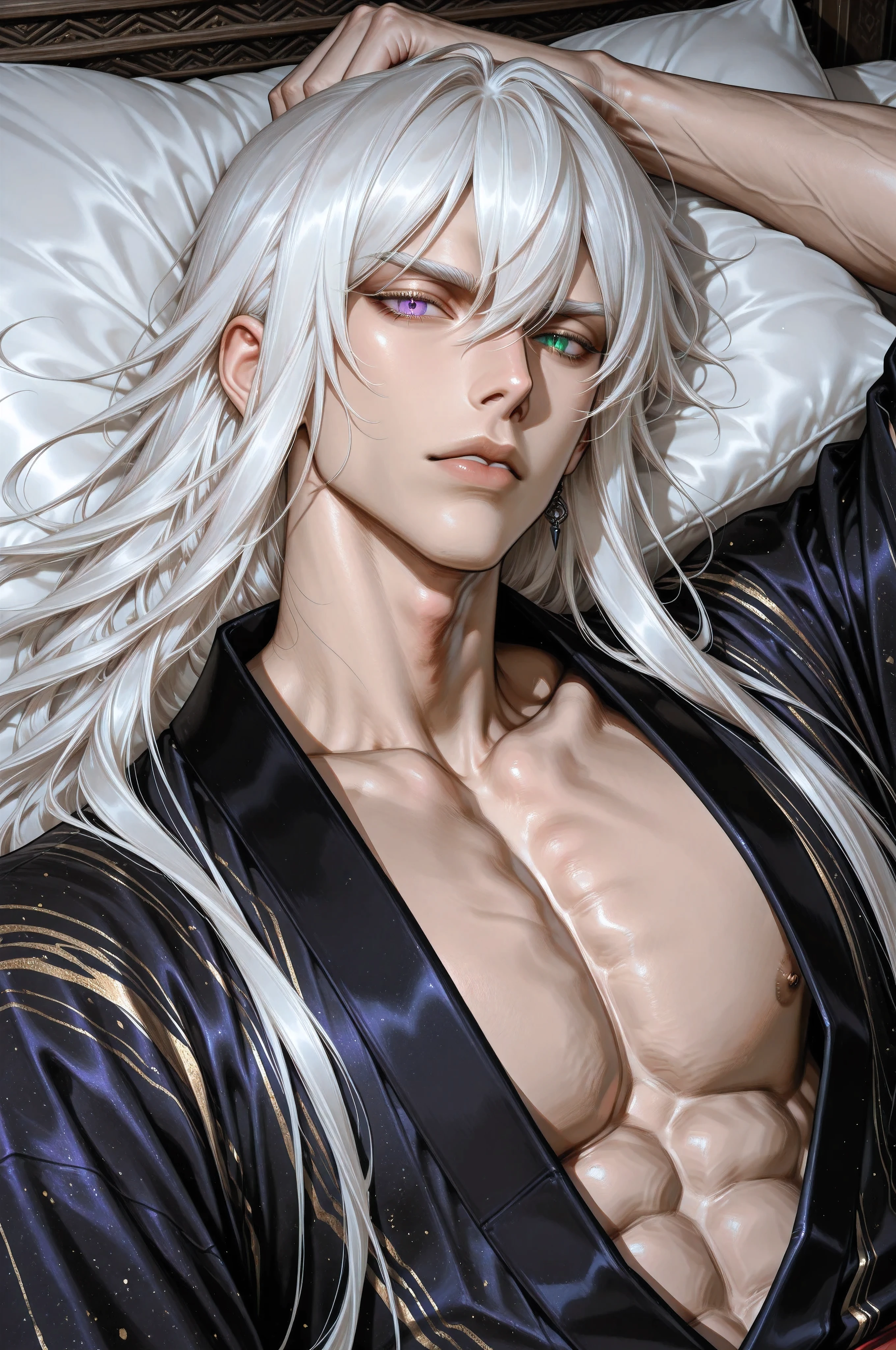 male, handsome, tall, finely detailed purple and green heterochromia eyes and detailed face, puffy lips,, ((very long white hair)), more details, humanoid dragon-god, looking at the viewer, light skin, lying down on bed, detailed textures, (((male focus))), masculine, semi-realism, single character, black yukata, piercing,masterpiece, best quality, ultra detailed, 8k unity wallpapers, ray tracing, illustration, colorful, cinematic shadow, extremely detailed background, fantasy character, dnd,bishounen,tsurime,, ultra-detailed, intricate details,masterpiece, best quality, amazing quality, hyper-detailed, newest, very aesthetic