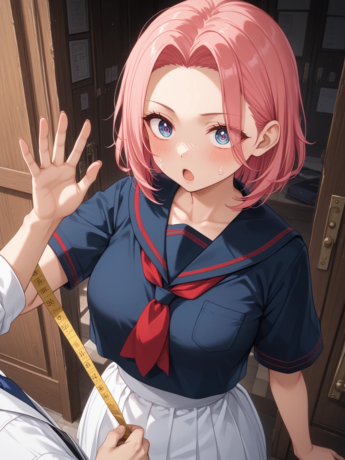 score_9, score_8_superior, score_7_superior, sauce_anime,
ichikanakano, Nakano Ichika, short hair, bangs, blue eyes, Hair between the eyes, Pink Hair, Pixie Cut,
skirt, shirt, , white shirt, Short sleeve, pleated skirt, collared shirt, sweater, green skirt, Waist clothes,
indoor, classroom, Embarrassed,Tied up with rope,Lying down,Looking straight,superior半身