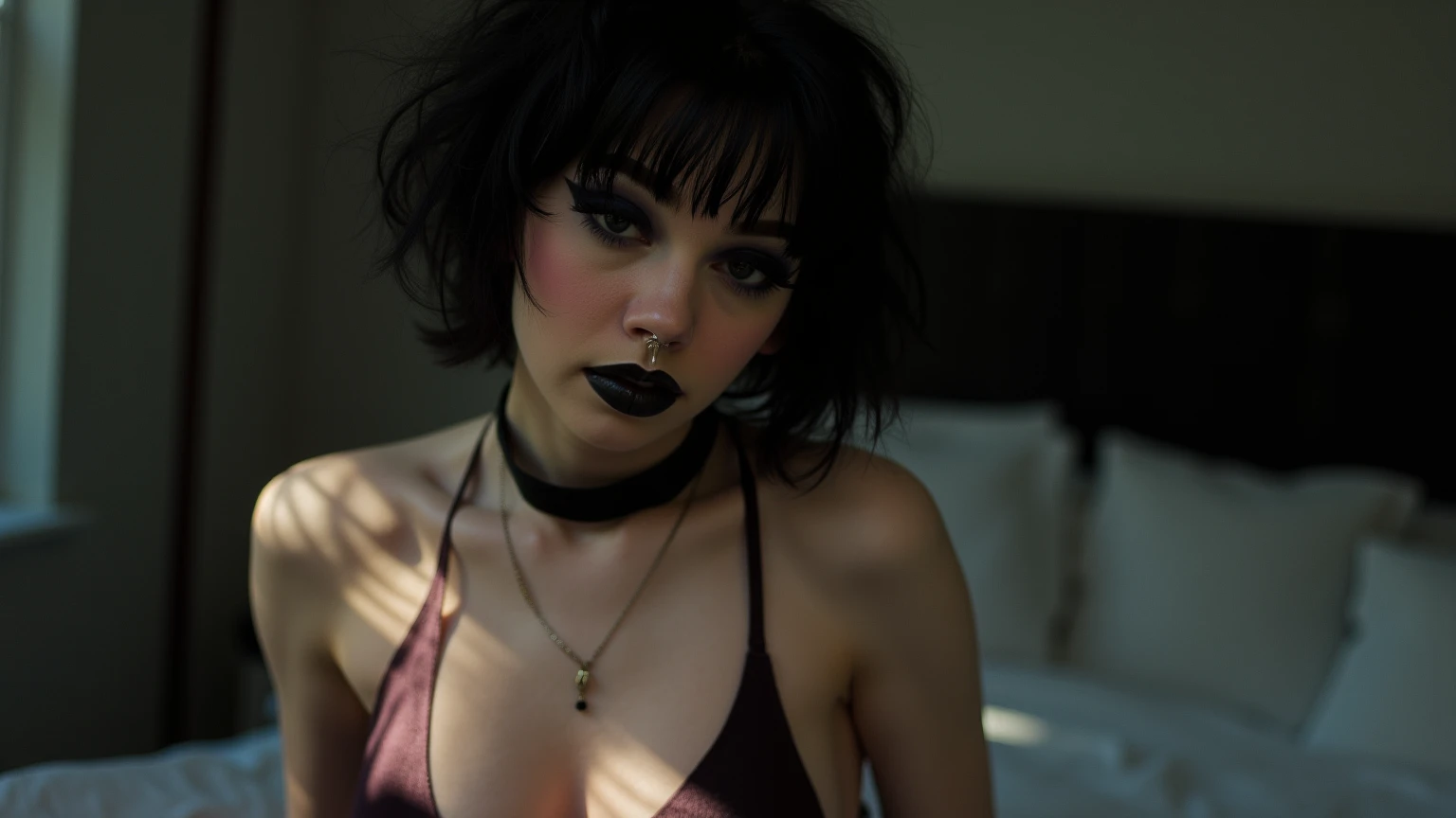 anime artwork , (Artwork, animation, half-tone, motion-smear, portrait of Goth princess, [Zooey Deschanel|Jenna Ortega|Christina Ricci], (Black hair, no bangs), (low cut embroidered black gown:1.1), in a gothic environment, sidelighting, excellent detailing, detailed faces, (unconventional perspective), attention to design, attention to mood, attention to composition, (visually cohesive),(high artistic skill), (high artistic ability), (expert craftsmanship), mythic, dial it up to 11, highquality) . anime style, key visual, vibrant, studio anime, highly detailed