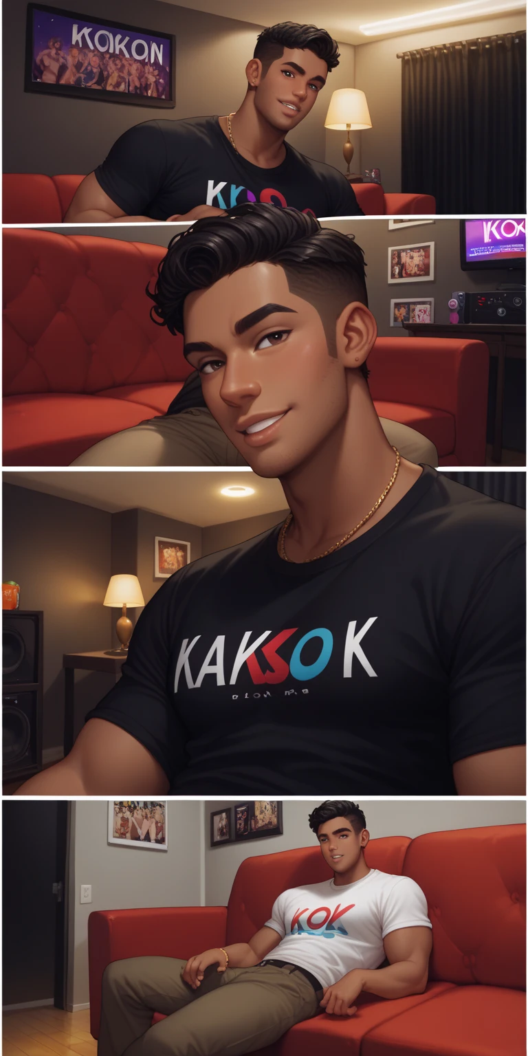 a young man AI high quality muscular tattoo with name “ruy” light skin tanned piercing gaze pink mouth smiling with realistic animated bedroom background
