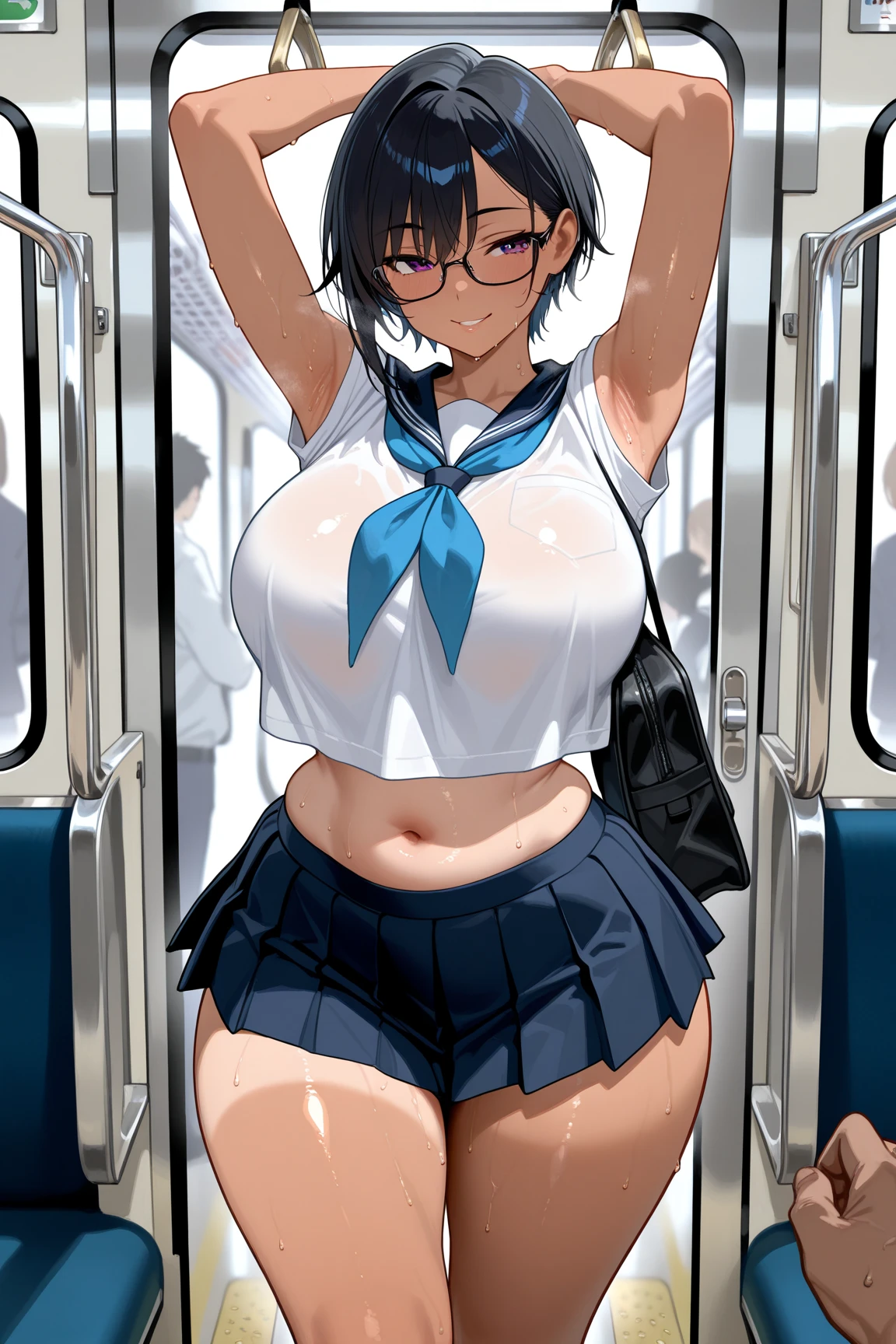 One girl, no bra, naughty pose, gentle face, in the middle of taking off clothes, school uniform, wet and sheer, cute bra, showing off crotch, hands on the crotch, clear liquid leaking from the crotch, cute underwear, long bangs, smiling girl, 16 years old, big breasts, black hair pigtails, silver short hair, brooding, glasses, slim,, red cheeks,