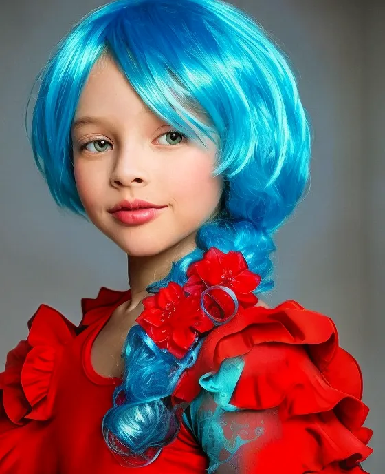 Little girl with gray hair，Straight hair on the head with a tie blue,  Red background,