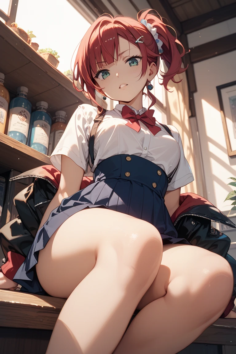 image is a large anime girl wearing a very short skirt and top, 1girl, breasts, solo, panties, underwear, looking at viewer, black panties, large breasts, skirt, cleavage, bow, thighs, clothes lift, red eyes, red hair, red skirt, bangs, skirt lift, ass visible through thighs, long sleeves, bowtie, lifted by self, red bow