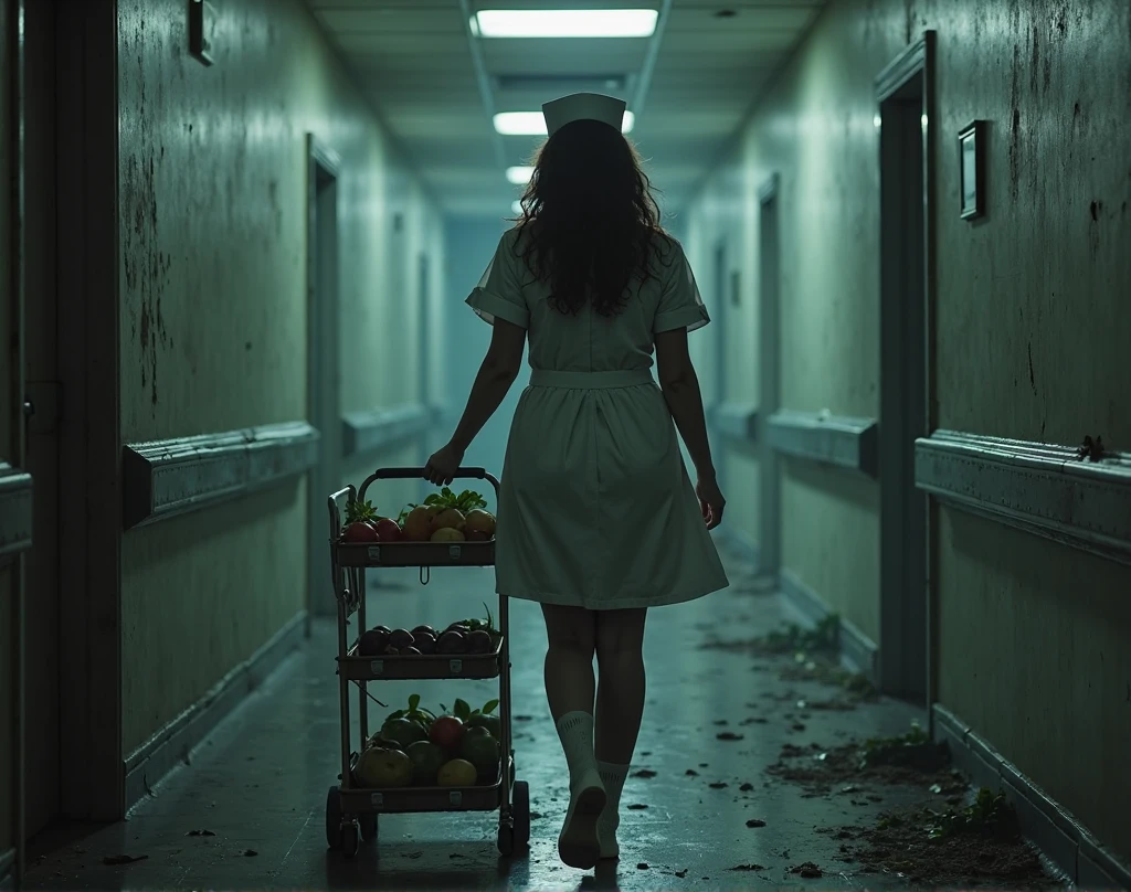 Feet of a girl walking down the aisle of a supermarket. Floor with blood, bodies of customers on the floor, messy shelves, flashing lighting, atmosphere of horror, horror, terrifying
