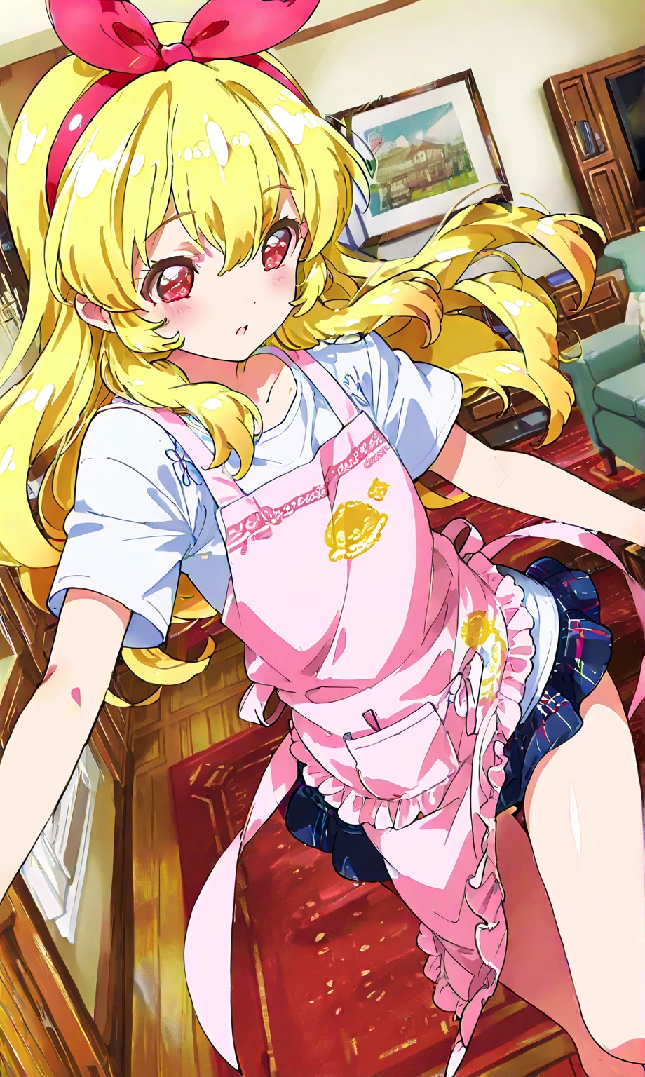Aikatsu,blonde_hair,red_hair_band,masterpiece,{a cartoon character is wearing an apron and a dress, One girl, Ichigo Hoshimiya, apron, 金hair, 長いhair, chest, alone, smile, naked apron, large chest, chestの谷間, View your viewers, red面, pink apron,Ass Focus