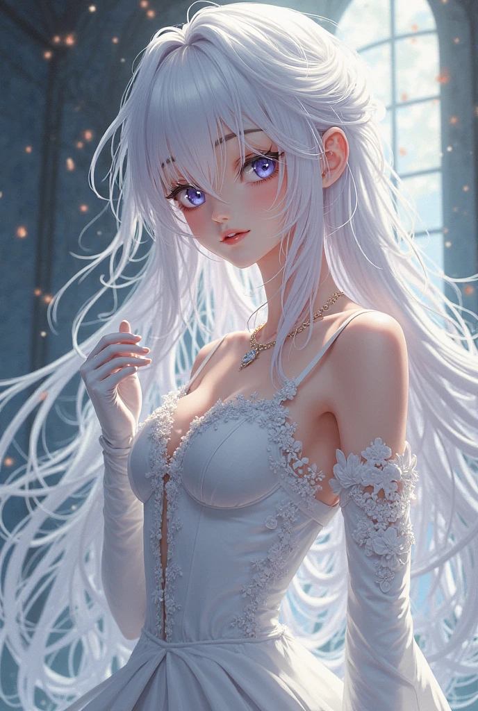 silber hair,butterflys,Long grey hair,Light pink wedding dresses,8k wallpaper,detailedbackground,Highest high resolution,Deep V Big,Hair covering one eye,Bandeau Wedding Dress,chies,white roses and pale pink roses,tight fitted,Stockings,(((perfect and cute hands)))