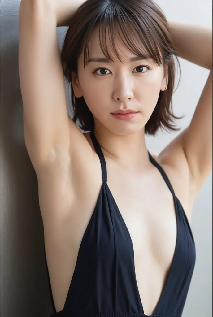 (Realistic:1.3、Ultra HD、Ultra-high resolution、8k、Japanese office lady、At work)、((Look Viewer:1.8))、(Extremely realistic skin texture:1.4)、(Realistic:1.3)、short hair、(Embarrassed expression:1.6)、(blonde:1.1)、(40-year-old woman、Mature Woman)、Updo、(Raise both arms to show your armpits:1.6)、(Armpit close-up:1.5)、((Slim figure:1.3))、((Small breasts:1.4))、Photographed from the front