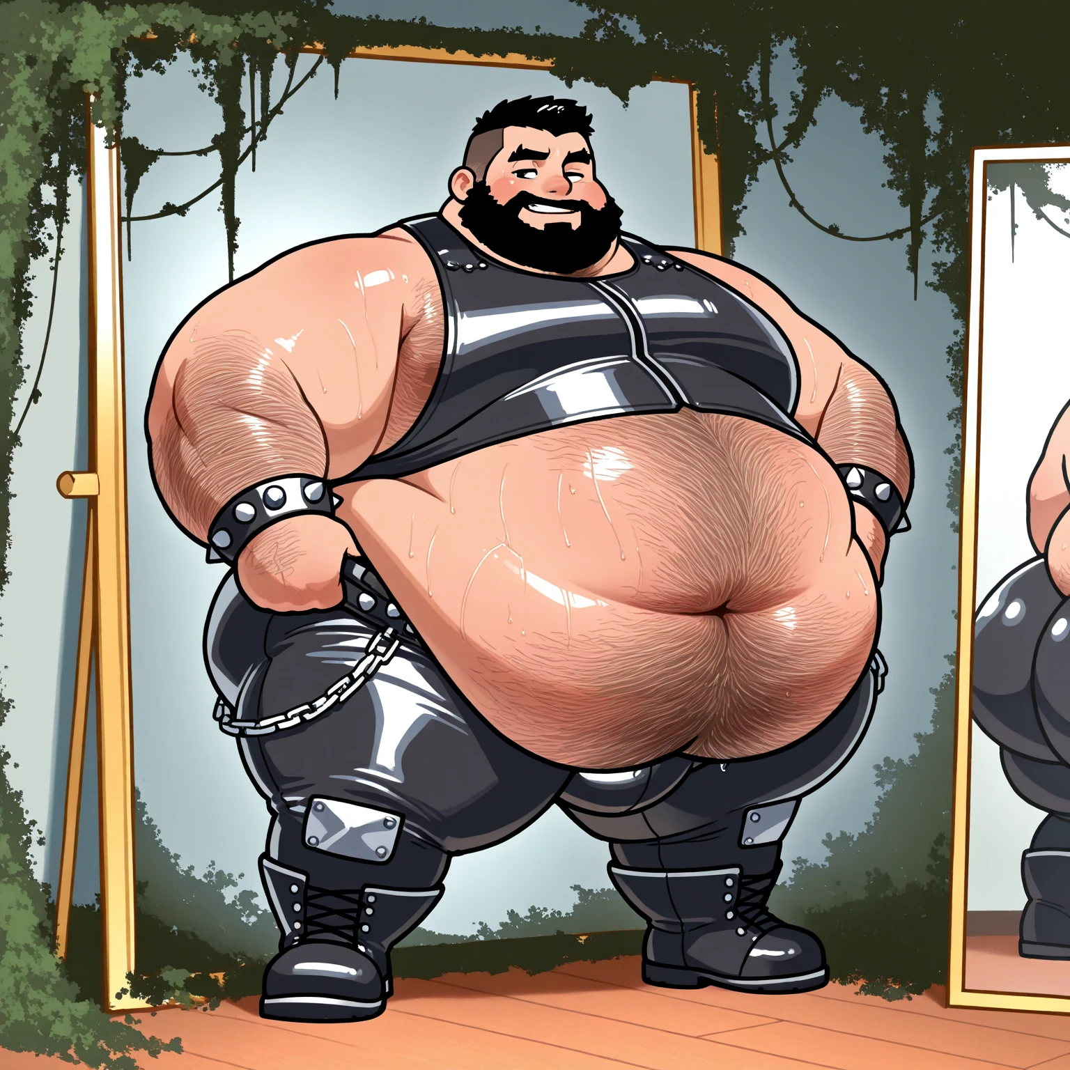 4k, A high resolution, The best quality at the best., perfect colors, perfect shadow, perfect lighting, Published in E621, hairy bodies, alone, Brown bull, (Monotonous brown coat:1.3), masculine people, curved horns, long hair with gray, beard with gray hair, (Middle age, maduro:1.3), (old man:1.35), (well-built, venous muscles, Large amounts of pubes, prominent pectorals, male nipples, ABS, shallow, masculinity, masculine people, heavyweight:1.4), torso, correct anatomy, (Realistic skin, delicate fur, oily coat, epic, masterpiece:1.2), Detailed background of sports stadium, Centelleo, spotlight lights, Ushio, violinist juvi taran, by Chun Ni, by painting, bonifasko lighting), (both hands on hips), Great raised details, naked, big penis, uncut penis, (Detailed porthole:1.2)
