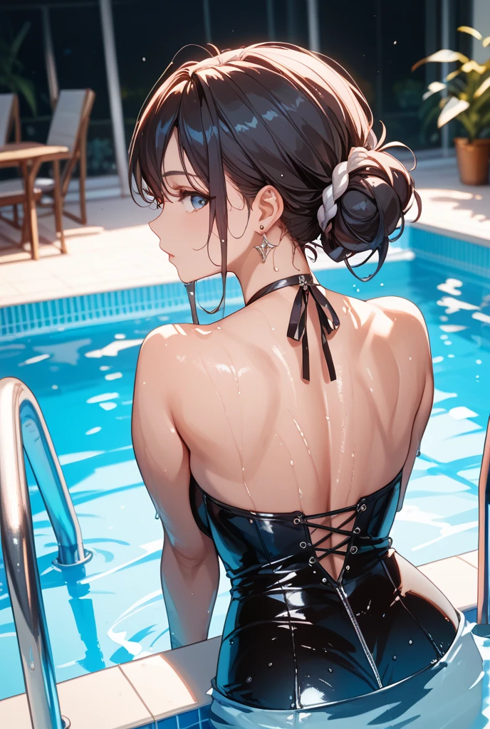 (highest quality:1.2,2girls,cg, Very detailed, High Detail, digital coloring, High Contrast, masterpiece:1.2,, highest quality, Best aesthetics), 8k,masterpiece, cute,tall,beautiful,best quality, 1girl,brown hair,short hair,,wavy hair,empty eyes, (finely detailed glowing eyes and detailed face),,,,extremely detailed cg unity 8k wallpaper,solo,(latex sexy swimsuits:1.9),large breasts,seductive smile,,large breasts,black hair,pink eyes,grossy lips,sitting,c,sadistic smile,shiny skin,,detailed face,beautiful body,,adult,,show me breasts,sadistic,seductive smile,,,bust shot,open mouth,,on the pool,,burikko pose,,backshot,sitting,stick out ass,,from behind