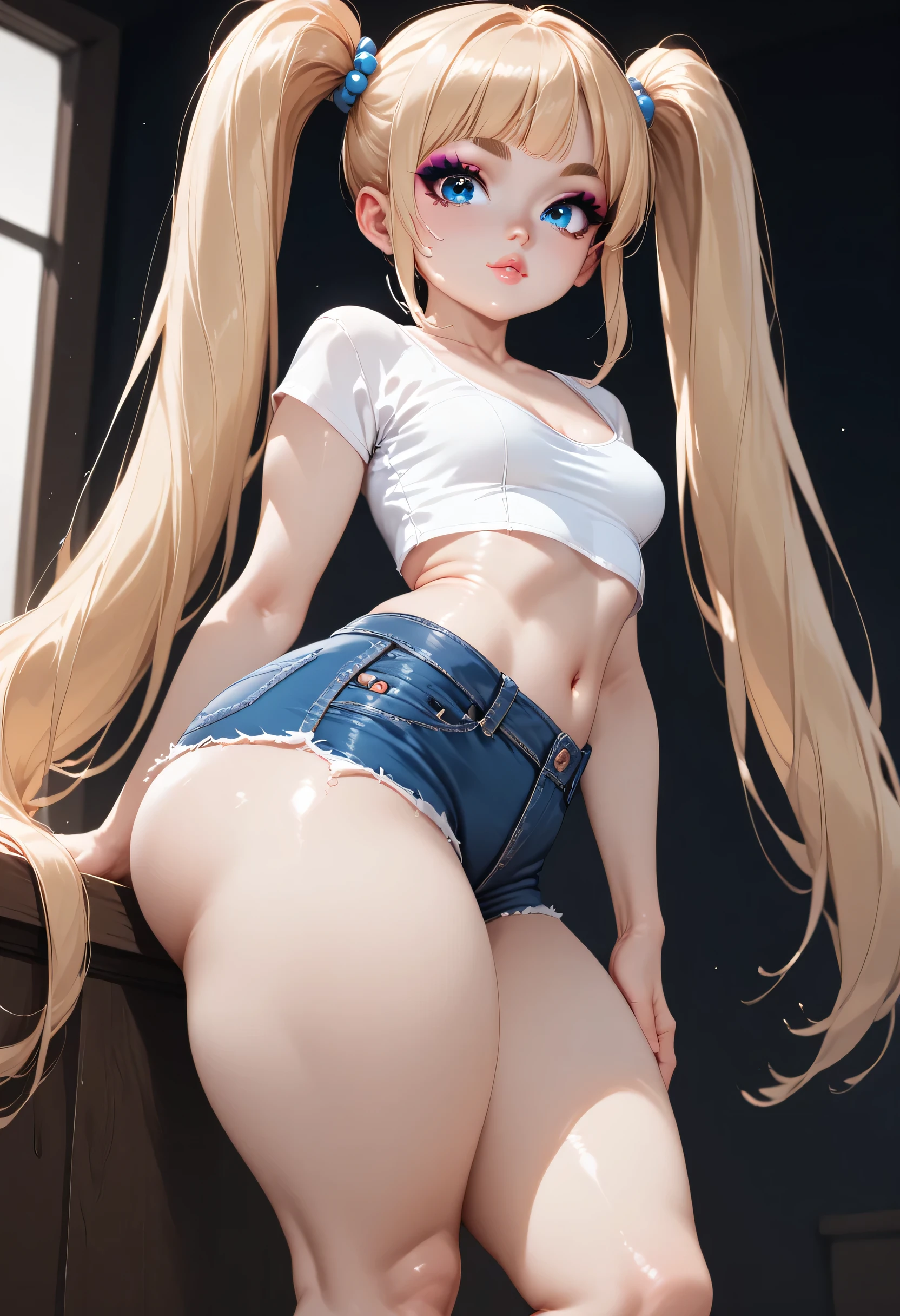 (masterpiece、highest quality、High resolution、realistic pictures、real looking skin:1.1)、(The buttocks are not big:1.8)、 (He is wearing a tight-fitting white T-shirt.:1.5)、(Wearing tight long denim jeans that fit perfectly:1.5)、(wearing high heels:1.5)、(She is facing her back because she is showing her butt, but her face is facing me.:1.5)、 1 Japanese girl、solo、beautiful eyes、shining eyes、provocative look、blonde、medium long hair、university student、The location is downtown、 (The beauty of her legs and buttocks stands out:1.5)、(with the whole body:1.6)、NSFW