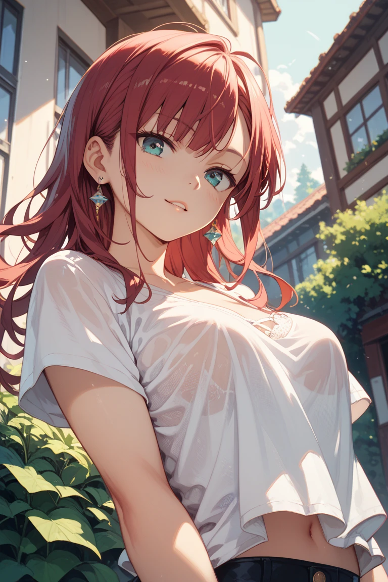 masterpiece,High resolution,Highest quality,In the grassland, (Portrait), Upper body photo, Butterfly Hair Ornament、Cute Face,((Facing forward))、Pink Hair、((Shooting from the front:1.5)), ((Tight camisole:1.5)), ((Big Breasts:1.3)), See-through nipples