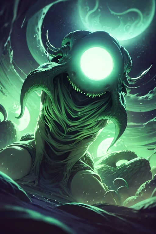 A grand and radiant green slime monster, cosmic horror. lovecraft