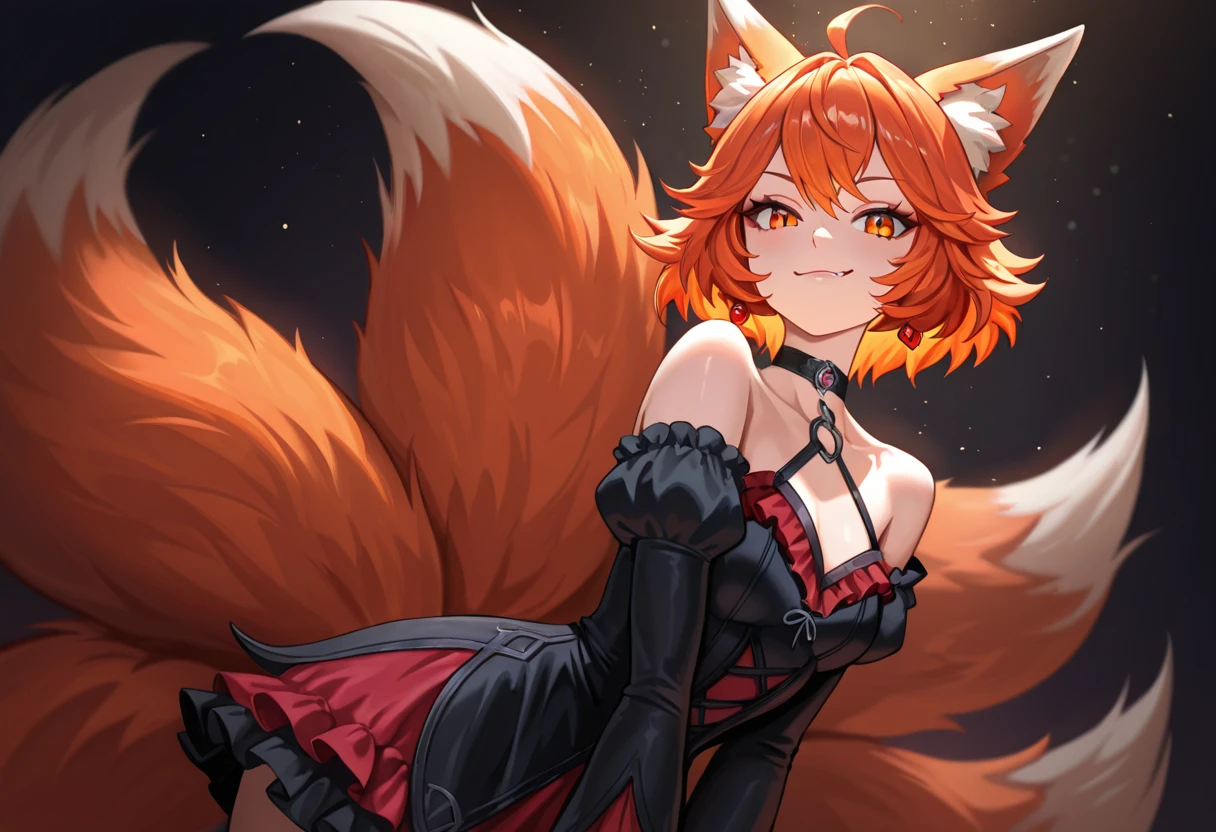 Vulpe woman, orange hair, fox ears, fox tail light skin, curvy, black choker, round shape face, tareme purple eyes, sweating