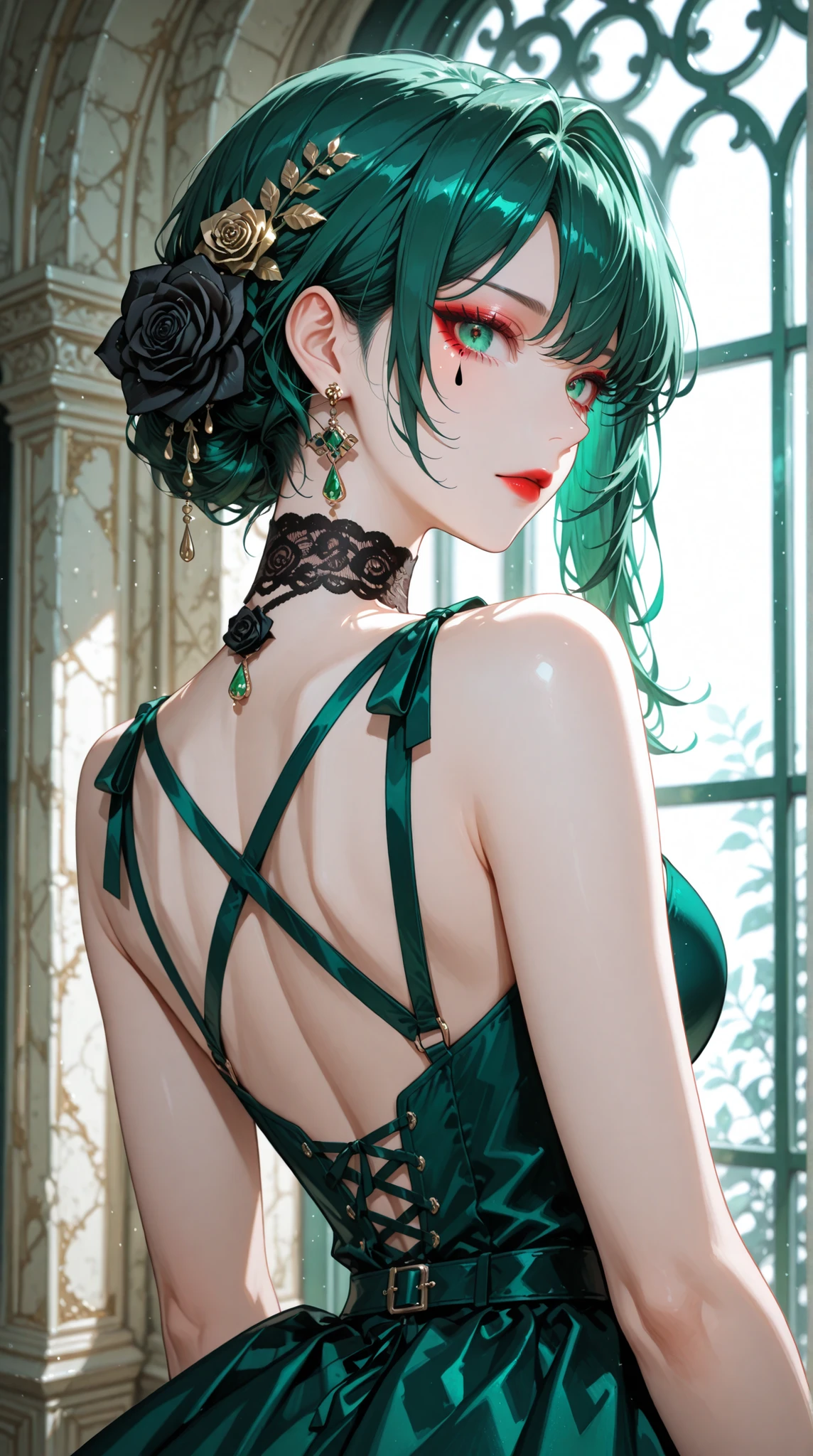 womanhood, back cross strap dress, full lace choker, black rose accessories, teardrop earrings, emerald green, red eyeshadow,