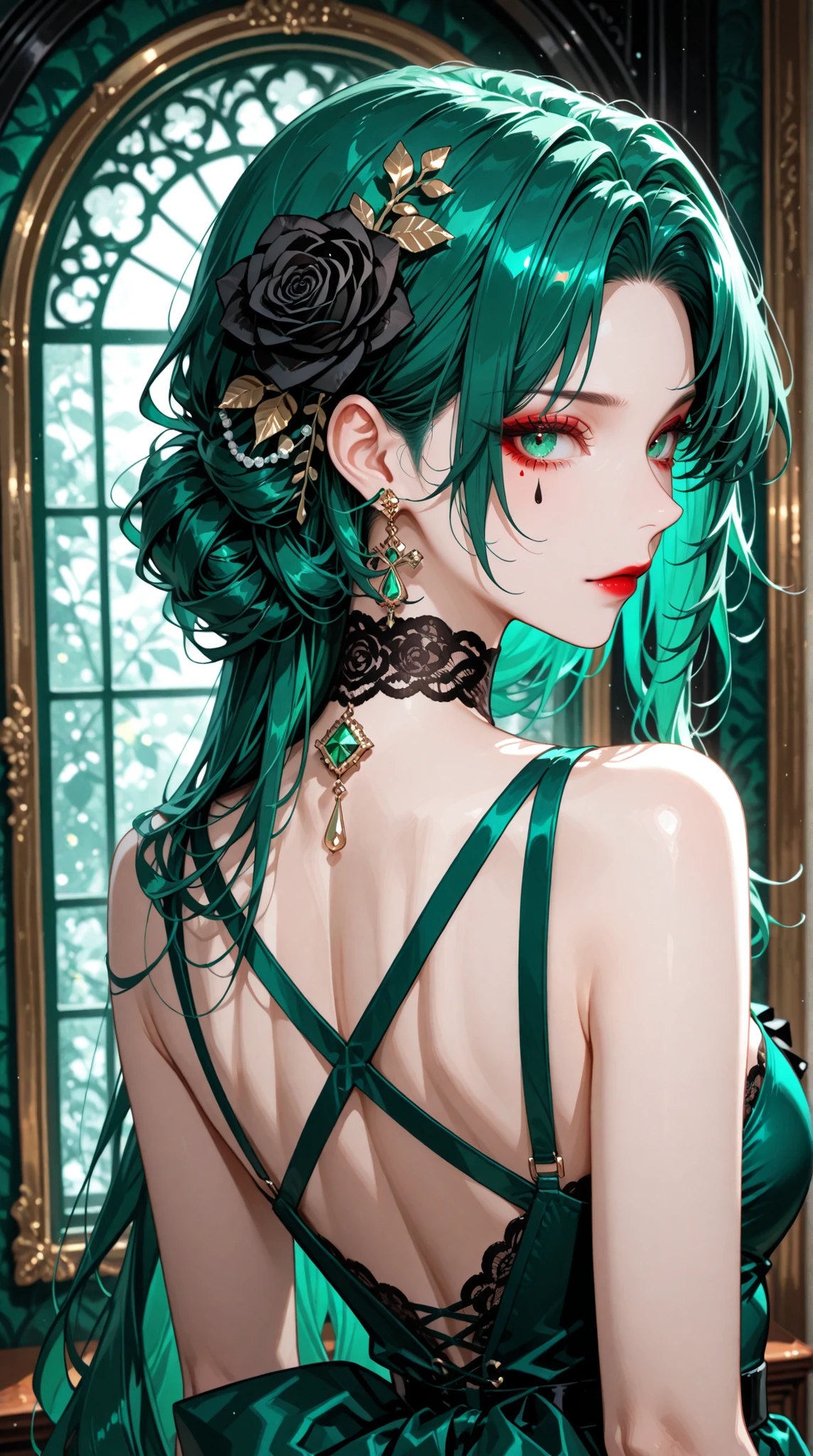 womanhood, back cross strap dress, full lace choker, black rose accessories, teardrop earrings, emerald green, red eyeshadow,