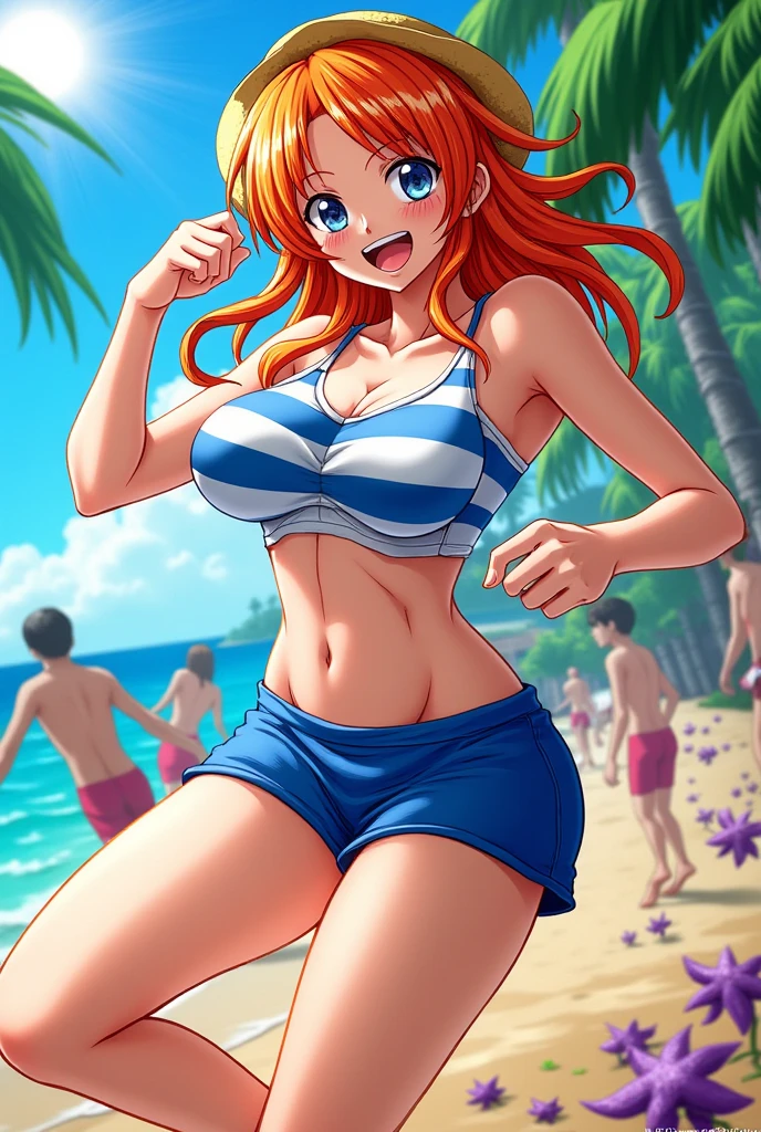 a beautiful detailed portrait of Nami from One Piece, extremely detailed eyes and face, longeyelashes, beautiful detailed lips, flawless skin, mid-length orange hair, happy expression, looking at camera, colorful anime-style background, vibrant colors, dynamic lighting, digital art, concept art, highly detailed, 4k, photorealistic, masterpiece