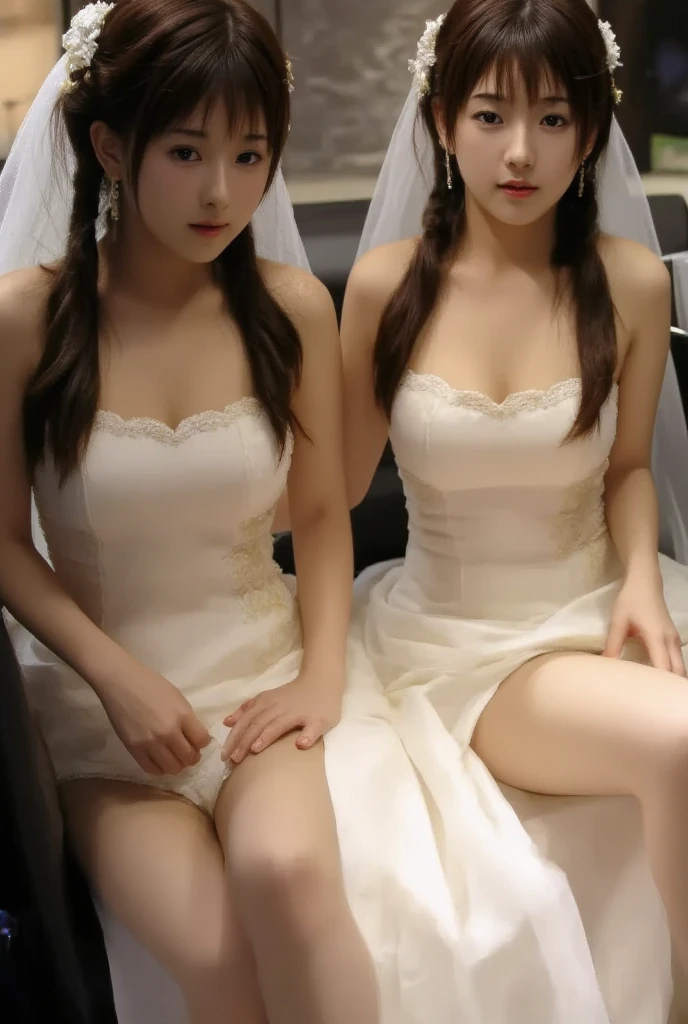 2 woman with big breasts,Vail,White gloves,Mini Wedding Dresses,Cleavage,(Huge breasts:1.1), Super realistic white pantyhose, Pantyhose and panties, Lift your skirt to reveal your legs,High-cut thin panties,Pull up your skirt,Shooting from below,Wedding hall