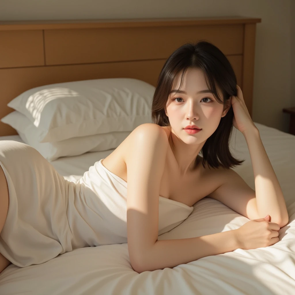 (Extremely meticulous CG),(((8k))),wallpaper,((Extremely refined and beautiful)),(((Masterpiece))),(((best qualtiy))),(((Ultra High Resolution))),(Perfect lighting:1.2),realistic shaded,(Smooth and flawless fair skin:1.5),(Extremely exquisite facial details:1.3),(ultra-detailed:1.5),((a beautiful girl,solo)),(Ran Mori:1.5),(long hair:1.2),(small head:1.2),(slender face:1.2),(Exquisite makeup:1.3),(laughing:1.2),(perfect body:1.2),(pale skin:1.3),((slim,thin)),(small breasts:1.2),(flat chests:1.2),(short sleeves:1.2),(white shirt:1.3),(sitting:1.3),(arms behind back:1.3),(on the bed:1.3),(at home:1.3),(In bedroom:1.5),(indoor:1.2),(night scene:1.5),(in darkness:1.3),(detailed background:1.5),