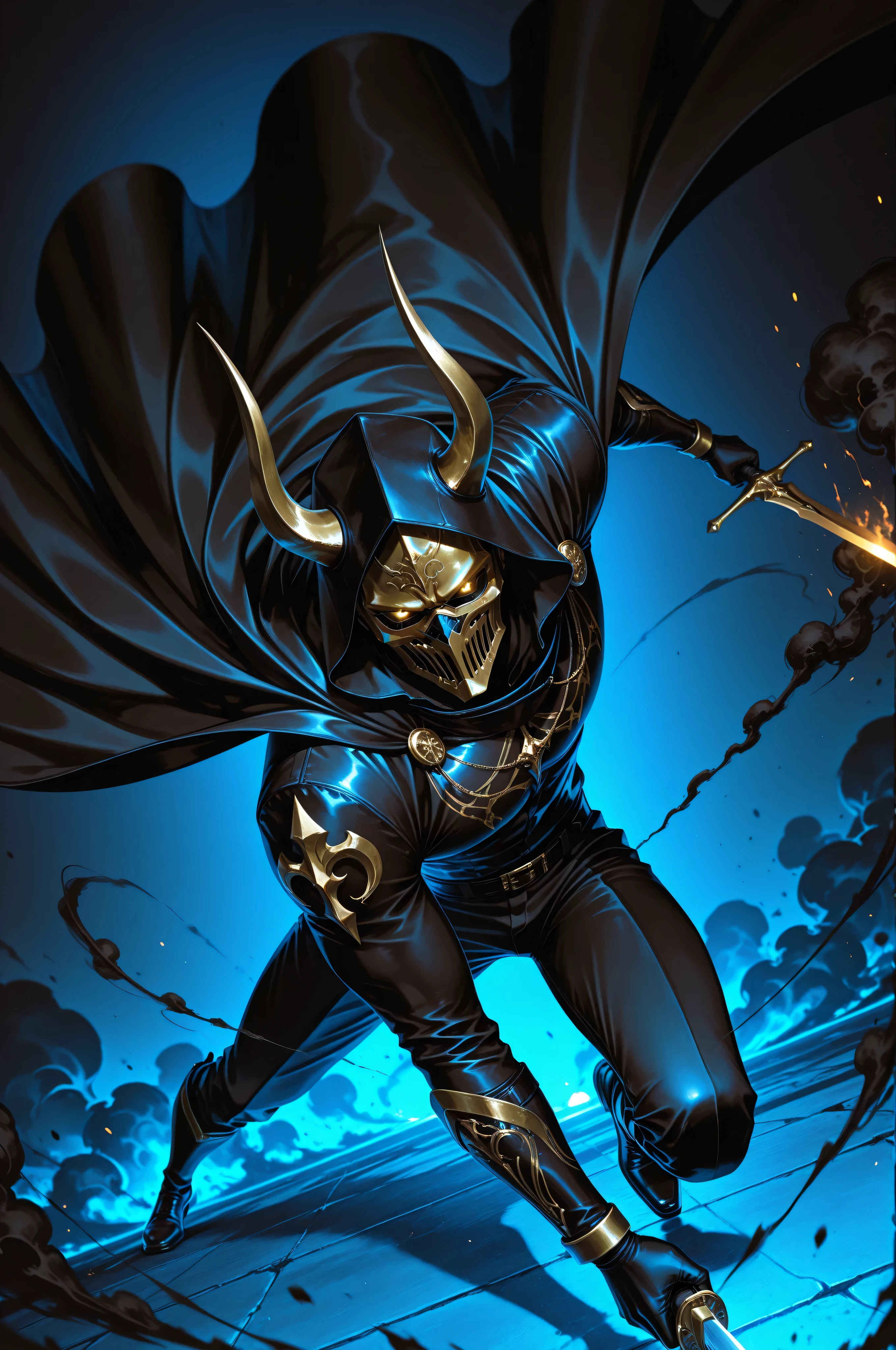 (masterpiece, best quality, absurdres, highres), amazing quality, very aesthetic, volumetric lighting, digital art style, drawn aesthetic, concept painting, ultrahigh definition, dark blue lighting, detailed, intricate details, red low key lighting, newest,1boy, male focus, mask, gold and black theme, simple background, blue background, dynamic pose, action pose, black hair, black attire, urban wear, gold, jewelry, horns, golden eyes, eyelashes, looking at viewer, smoke, glowing eyes, action shot, dynamic pose, high angle, full body, black smoke, chaos, holding sword, image depth, dynamic angle, long cape, cap, foreshortening, blurry background, dark lighting, dark background, dof, depth of field, detailed line work, low key, dramatic lighting, dark theme