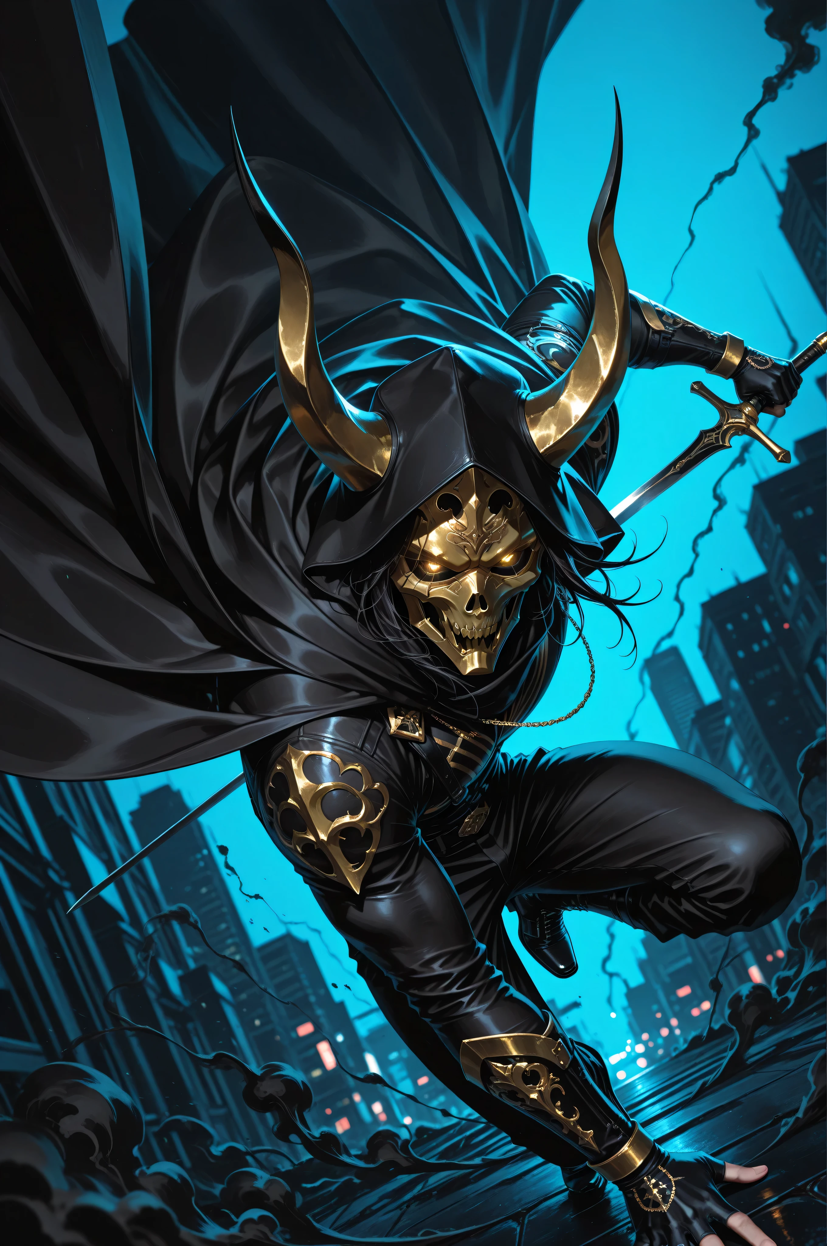 (masterpiece, best quality, absurdres, highres), amazing quality, very aesthetic, volumetric lighting, digital art style, drawn aesthetic, concept painting, ultrahigh definition, dark blue lighting, detailed, intricate details, red low key lighting, newest,1boy, male focus, mask, gold and black theme, simple background, blue background, dynamic pose, action pose, black hair, black attire, urban wear, gold, jewelry, horns, golden eyes, eyelashes, looking at viewer, smoke, glowing eyes, action shot, dynamic pose, high angle, full body, black smoke, chaos, holding sword, image depth, dynamic angle, long cape, cap, foreshortening, blurry background, dark lighting, dark background, dof, depth of field, detailed line work, low key, dramatic lighting, dark theme
