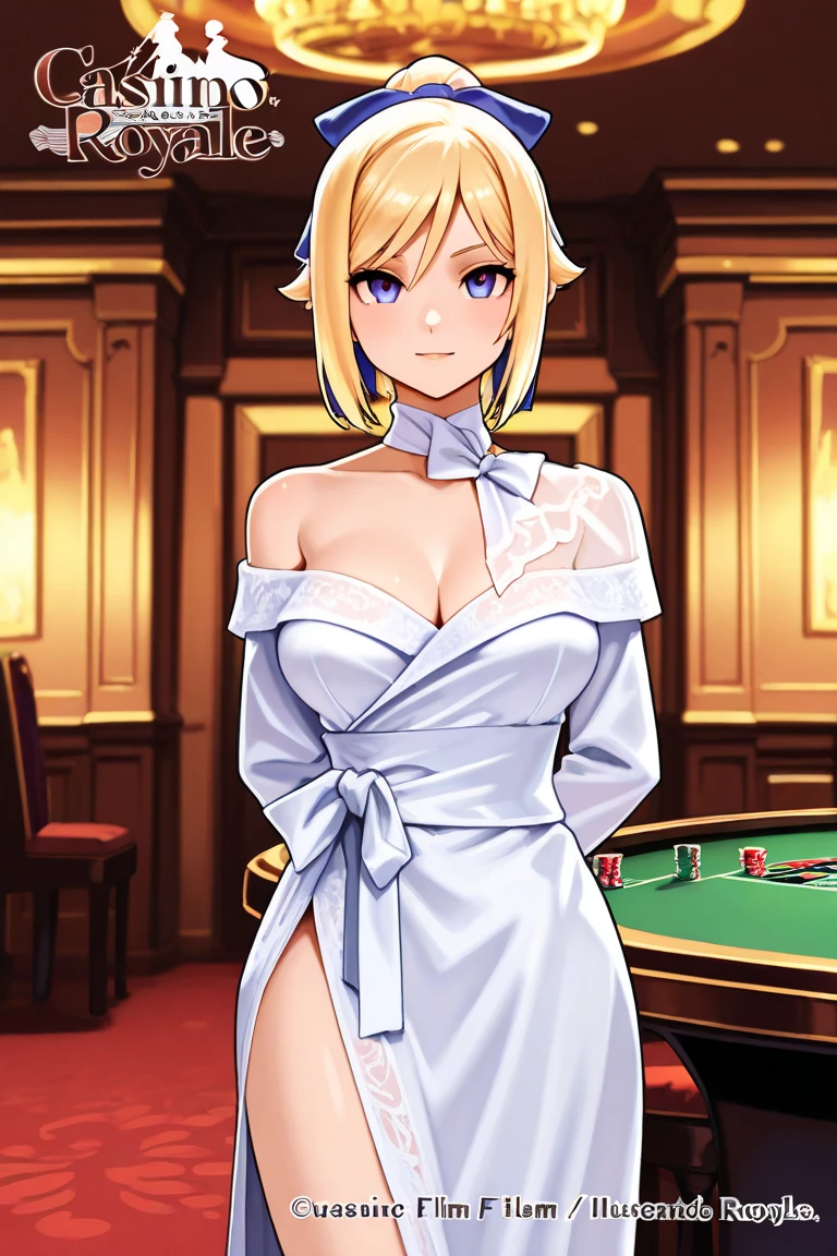 nsfw,Masterpiece、Cowboy Shot、One hand on hip、phsaber,Artoria、((Big Breasts))、(smile)、((Completely naked))、((vivid purple sexy high leg panties))、Calm expression、(((Close your mouth)))、((Inside the casino))、Shiny Skin、(Smile)、Vivid Green Eyes、Big eyes、Detailed eyes、Toned thighs、Around 30 years old、Above the knee socks、Glamorous Girl、Sexy pose、Five fingers、