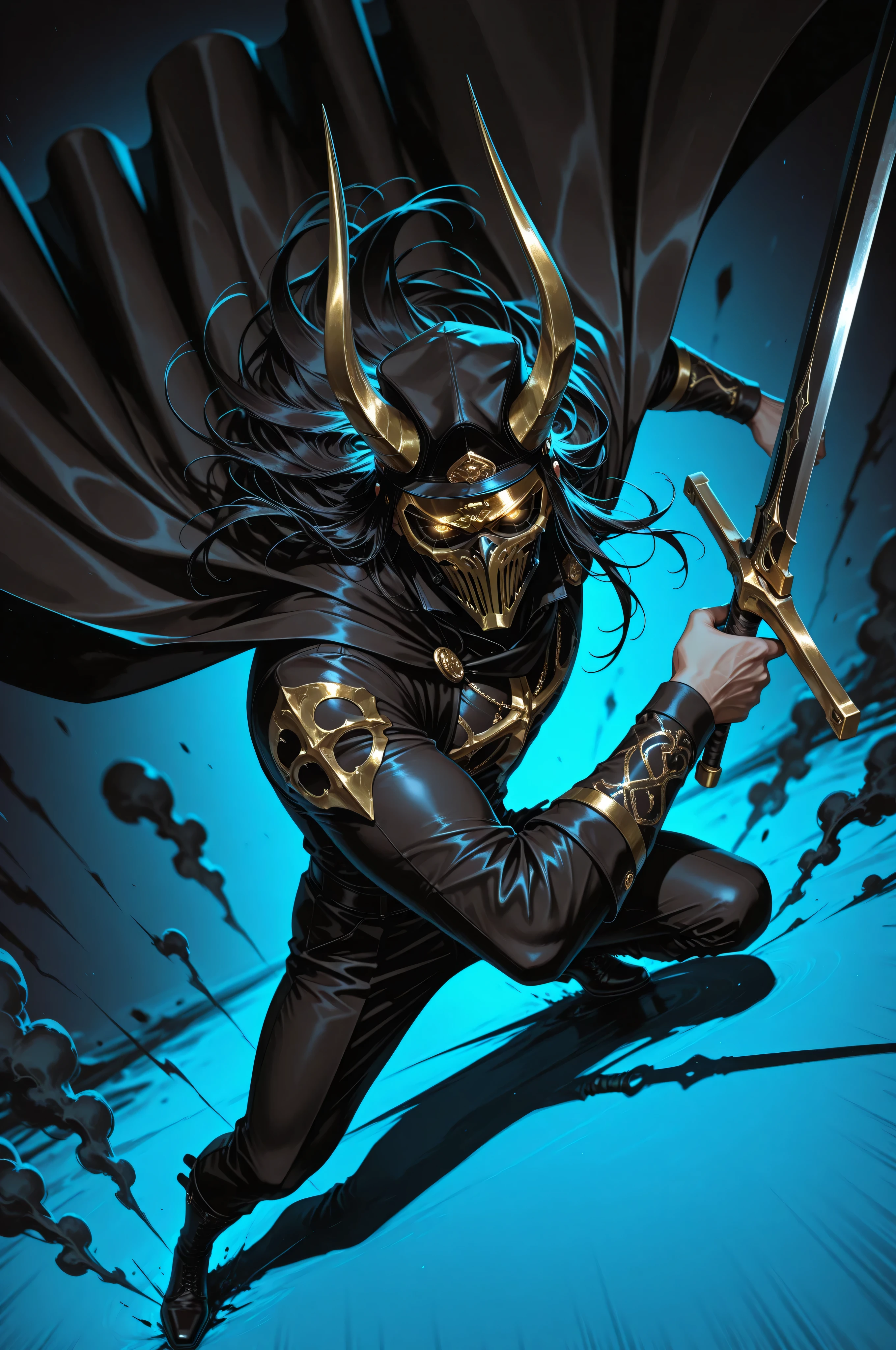 (masterpiece, best quality, absurdres, highres), amazing quality, very aesthetic, volumetric lighting, digital art style, drawn aesthetic, concept painting, ultrahigh definition, dark blue lighting, detailed, intricate details, red low key lighting, newest,1boy, male focus, mask, gold and black theme, simple background, blue background, dynamic pose, action pose, black hair, black attire, urban wear, gold, jewelry, horns, golden eyes, eyelashes, looking at viewer, smoke, glowing eyes, action shot, dynamic pose, high angle, full body, black smoke, chaos, holding sword, image depth, dynamic angle, long cape, cap, foreshortening, blurry background, dark lighting, dark background, dof, depth of field, detailed line work, low key, dramatic lighting, dark theme