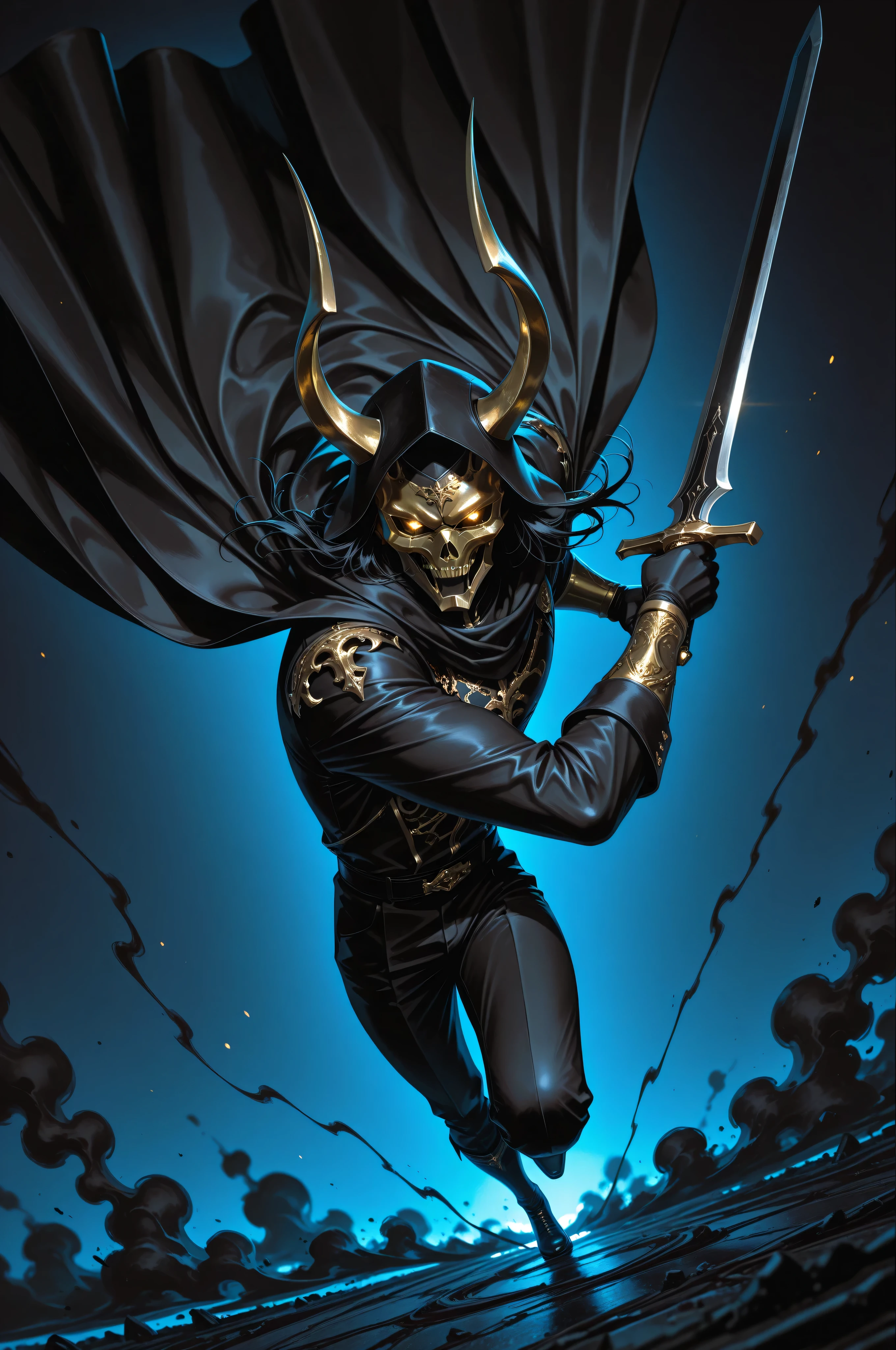 (masterpiece, best quality, absurdres, highres), amazing quality, very aesthetic, volumetric lighting, digital art style, drawn aesthetic, concept painting, ultrahigh definition, dark blue lighting, detailed, intricate details, red low key lighting, newest,1boy, male focus, mask, gold and black theme, simple background, blue background, dynamic pose, action pose, black hair, black attire, urban wear, gold, jewelry, horns, golden eyes, eyelashes, looking at viewer, smoke, glowing eyes, action shot, dynamic pose, high angle, full body, black smoke, chaos, holding sword, image depth, dynamic angle, long cape, cap, foreshortening, blurry background, dark lighting, dark background, dof, depth of field, detailed line work, low key, dramatic lighting, dark theme