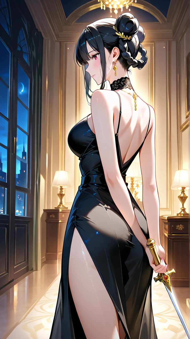there is a woman in a shiny dress posing in front of a mirror, elegant cinematic pose, tracer in a skintight dress, trending on cgstation, fully clothed. painting of sexy, full body xianxia, wlop glossy skin, succubus in tight short dress, beautiful alluring anime woman, royal elegant pose