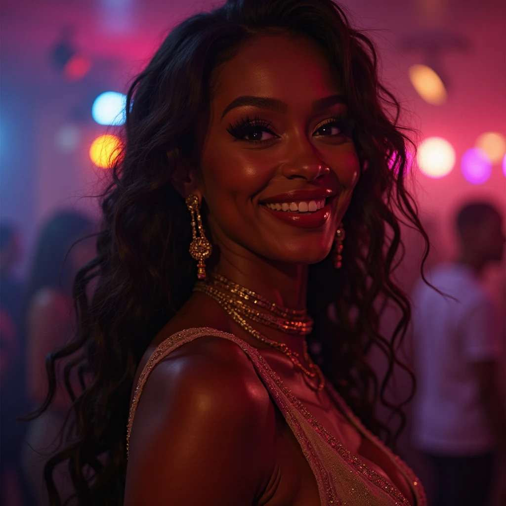 there is a black woman , the woman has, she has dark skin, with dark brownish skin, with long curly, long black loose moisturised curly hair she is taking a selfie at a wedding party