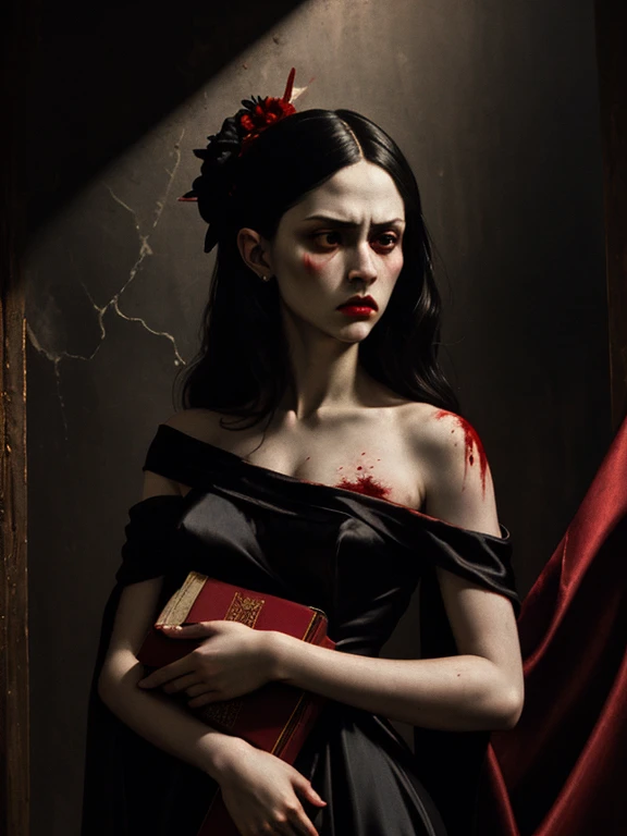 **Ultimate Fallen Bloody Mary**: Create an ultra-dark and terrifying depiction of Bloody Mary, a ghostly woman who has fallen into the deepest pits of despair and malevolence. Her entire appearance exudes an overwhelming sense of darkness and dread. **Overall Appearance**: - **Age**: She appears as an adult woman, but her age seems indeterminate due to her ghostly nature. - **Height and Build**: Mary is of average height but her presence feels towering and oppressive. Her body is gaunt and skeletal, with a sense of decayed elegance. **Facial Features**: - **Skin**: Her skin is deathly pale, almost translucent, with veins visible underneath, giving her an almost corpse-like appearance. - **Eyes**: Her eyes are pitch black voids, deep and endless, with no visible whites. They emanate an eerie, malevolent glow that pierces through the darkness. - **Hair**: Her long, matted black hair is tangled and seems to writhe with a life of its own, often dripping with a dark, viscous substance. - **Mouth**: Her mouth is a twisted, horrifying grin, with blackened, sharp teeth. The corners of her mouth are cracked and bleed a dark, tar-like substance. **Attire**: - **Dress**: She wears a tattered, once-white dress now stained with blood and dirt, hanging off her emaciated frame in shreds. The dress is a mix of Victorian elegance and ghostly rags, with lace and frills now dirty and torn. - **Accessories**: Around her neck is a rusted, antique locket that once held a picture of her lost loved one, now cracked and empty. She wears broken, old-fashioned jewelry that adds to her tragic backstory. **Special Features**: - **Aura**: A dark, oppressive aura surrounds her, filled with whispers of despair and madness. The air around her feels cold and heavy, and her presence dims any light nearby. - **Blood**: She leaves trails of dark, coagulated blood wherever she goes, and her hands and fingernails are perpetually stained with it. - **Mirrors**: When she appears in mirrors, they crack and