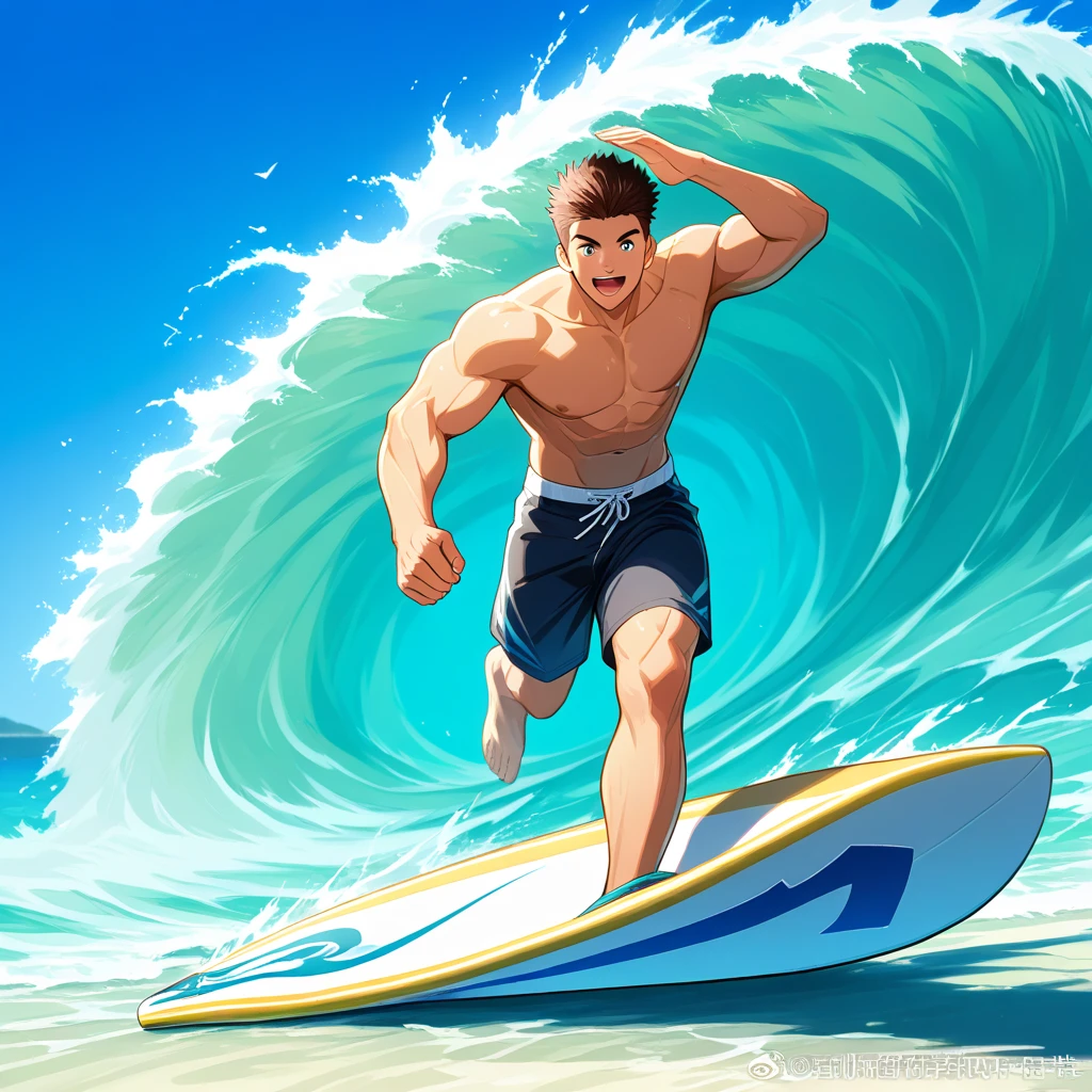 man skiing in the sea with oars and skis on a wave in cartoon style 