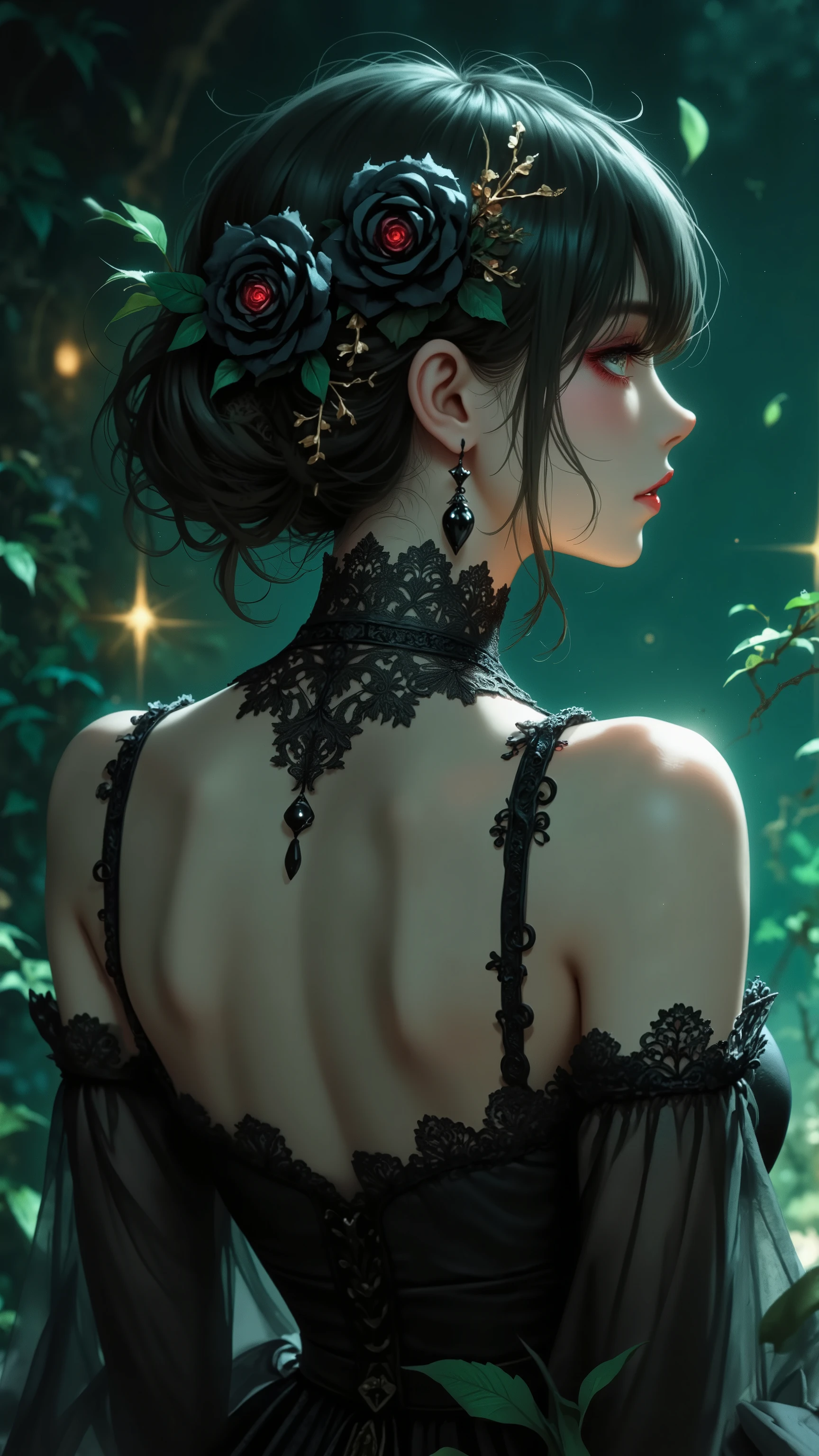 womanhood, back cross strap dress, full lace choker, black rose accessories, teardrop earrings, emerald green, red eyeshadow,