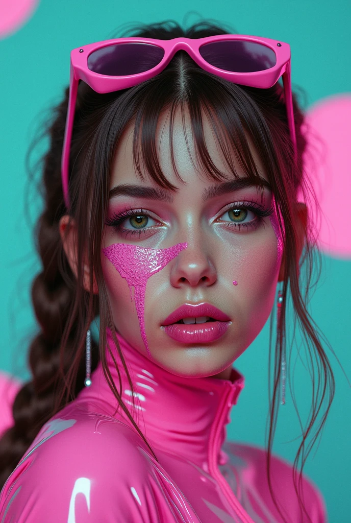 Sexy bald girl with botox face. Big lips. Shiny wet glassy skin. Detailed eyes. Pink gradient background. Large firm breasts. Very skinny body. Black latex straps. Mouth open. Completely wet and shiny.