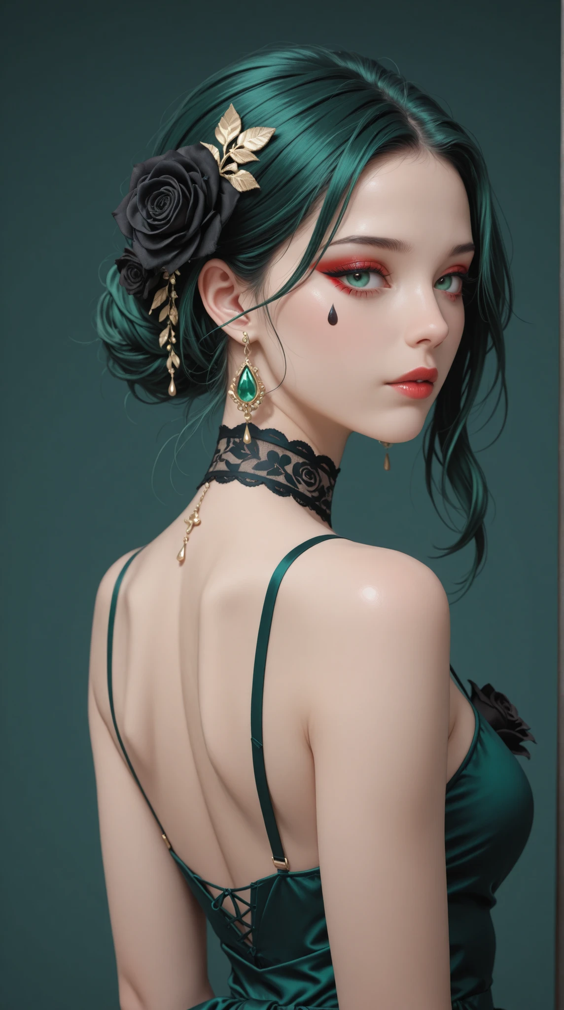 womanhood, back cross strap dress, full lace choker, black rose accessories, teardrop earrings, emerald green, red eyeshadow,