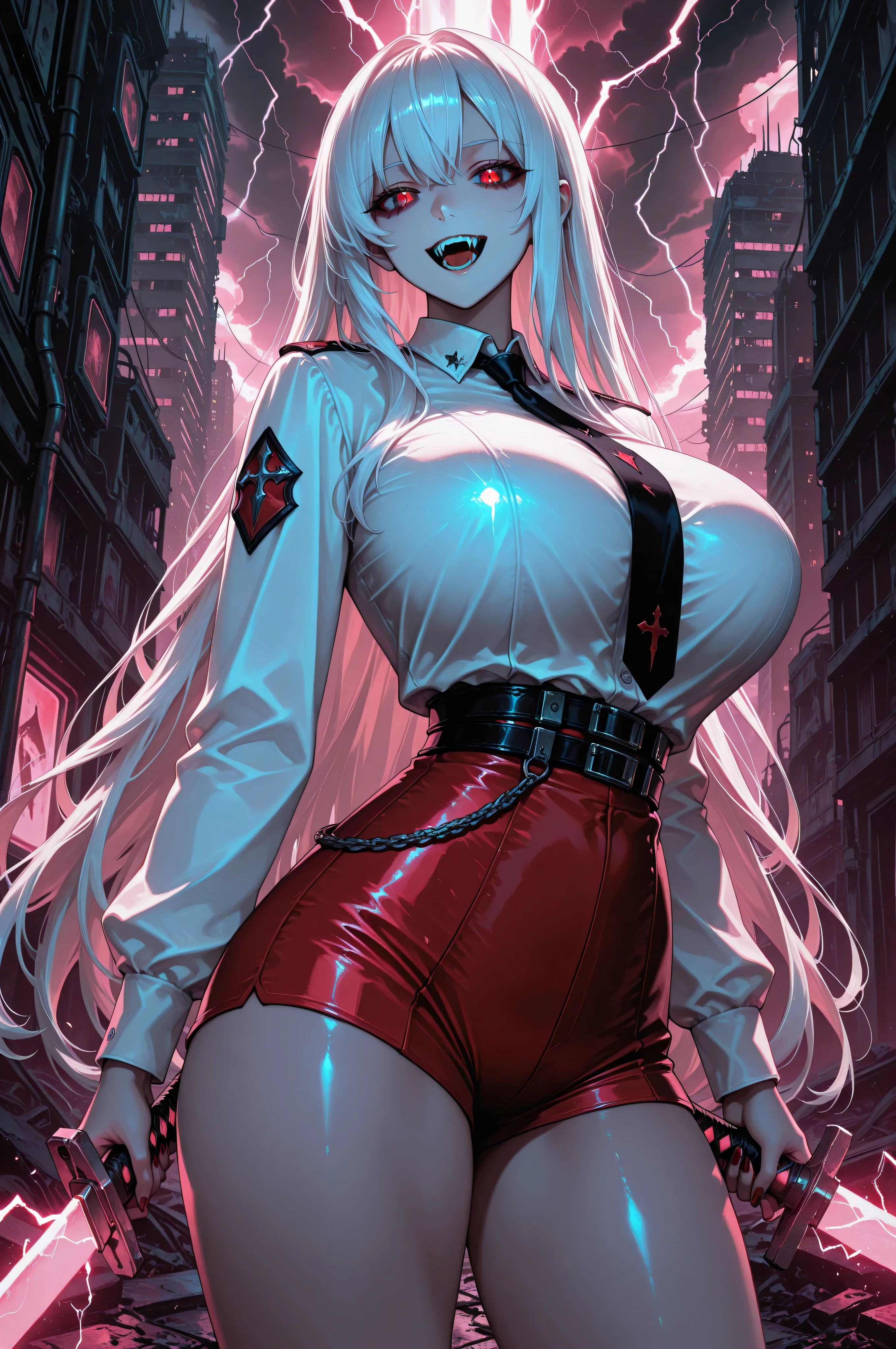 long white hair, vampire, red eyes, uniform, white shirt, tie, red shorts, holding glowing sword, 1girl, solo, vampire fangs, huge breasts, ruined futuristic city, dystopia, lightning storm, pink lighting, volumetric lighting, cinematic lighting,  masterpiece, best quality, amazing quality, very aesthetic, absurdres, newest,