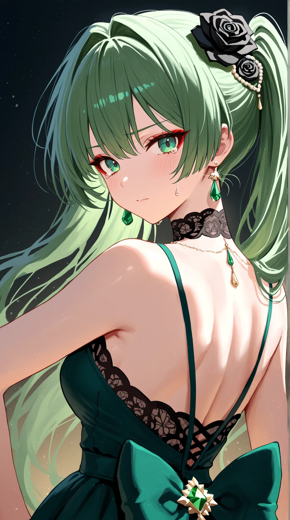 womanhood, back cross strap dress, full lace choker, black rose accessories, teardrop earrings, emerald green, red eyeshadow, 