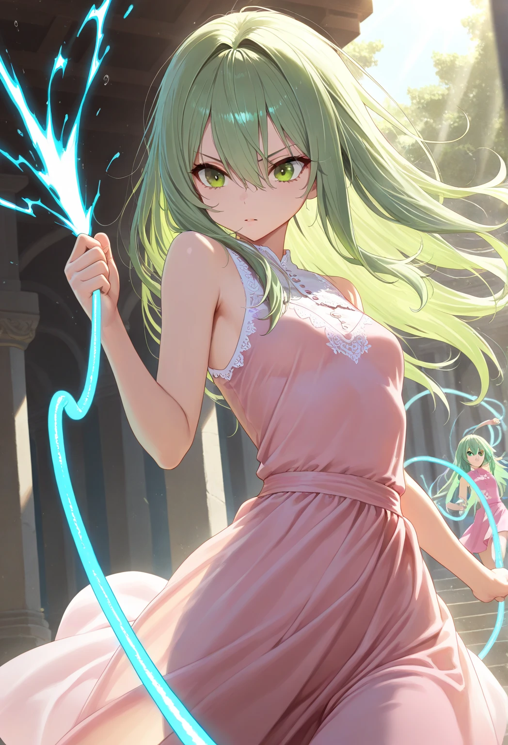 (flat color:1.3),(colorful:1.3),(masterpiece:1.2), best quality, original, extremely detailed wallpaper, looking at viewer, upperbody shot of a girl infused with lightning, fully clothed with blue long robe, highly detailed, extremely detailed, red eyes, electric, red moon, Rays of Shimmering Light, Cinematic Lighting, Matte, Stone, Milky Quartz, Opalite, Jewelry, Silk, Feathers, Water splash, Fog, Electric, Electricity, sparks,  lensflare, rim lighting, backlighting, Bracelet, Chromatic Aberration, RTX, Post Processing