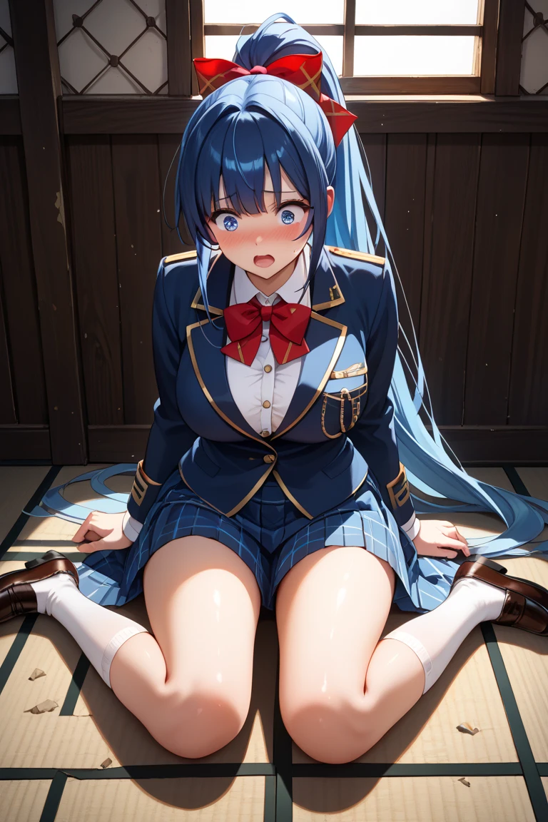 Young Hatsune Miku、girl、独奏、blush、Huge breasts、girl、Kindergarteners、、6 years old、、、be happy、Striped panties、Long skirt、Long sleeve、Colorful student uniforms、、blazer、Clothes are see-through、From below、Wet clothes、Transparent nipples、Squat with your legs apart