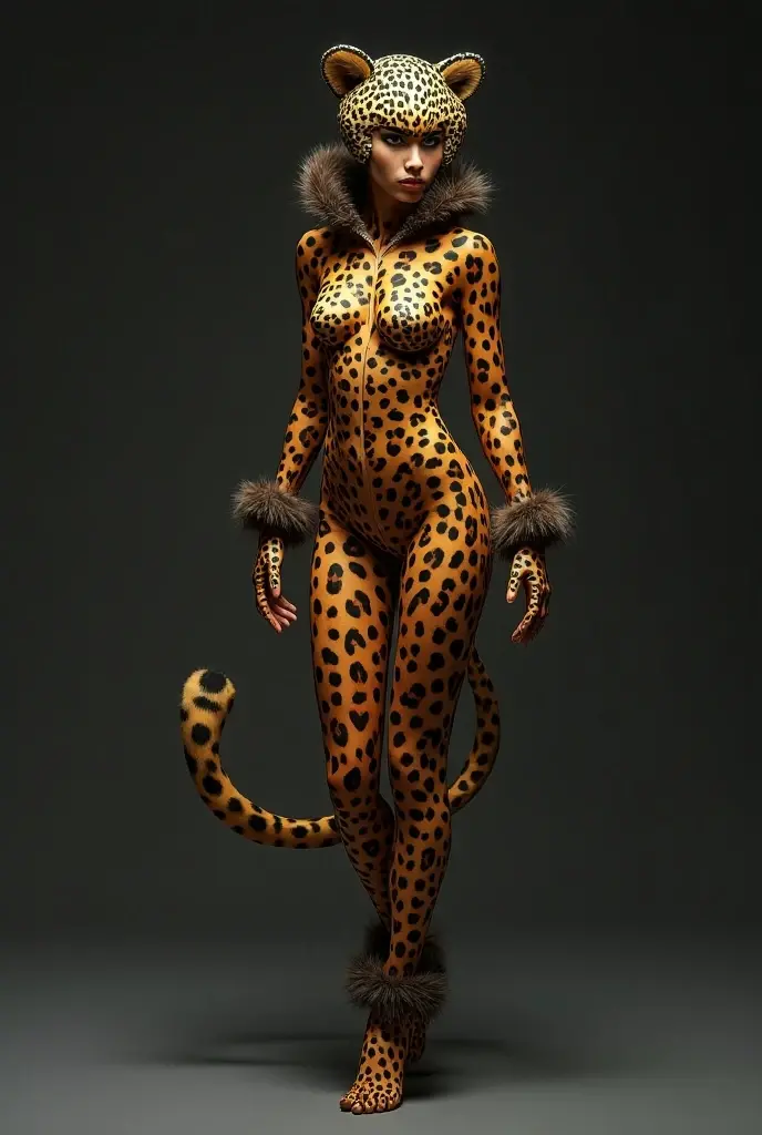 The 13 years old handsome and thin taiwan contortion girl with beautiful cheeks wears golden leopard lycra turtleneck unitard catsuit covered with many spots with leopard tail and golden leopard lycra elastane dancewear hijab-like hood.He wears a pair of glasses