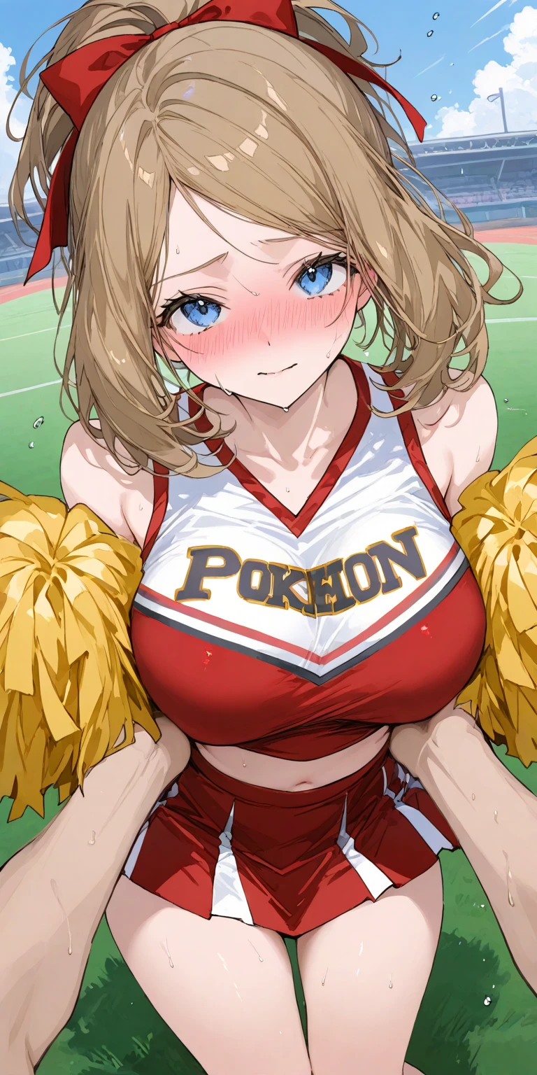 this large breasted woman is dancing around holding cheerleaders in her hand, 1girl, breasts, cheerleader, nipples, pom pom (cheerleading), huge breasts, large areolae, no , navel, solo, huge nipples, sweat, open mouth, smile, looking at viewer, blue eyes, armpits, blush, naked, ,serena(pokemon), brown hair, long hair, blue eyes, pink headwear, eyewear on headwear, sunglasses, black shirt, red skirt, black thighhighs, black footwear 